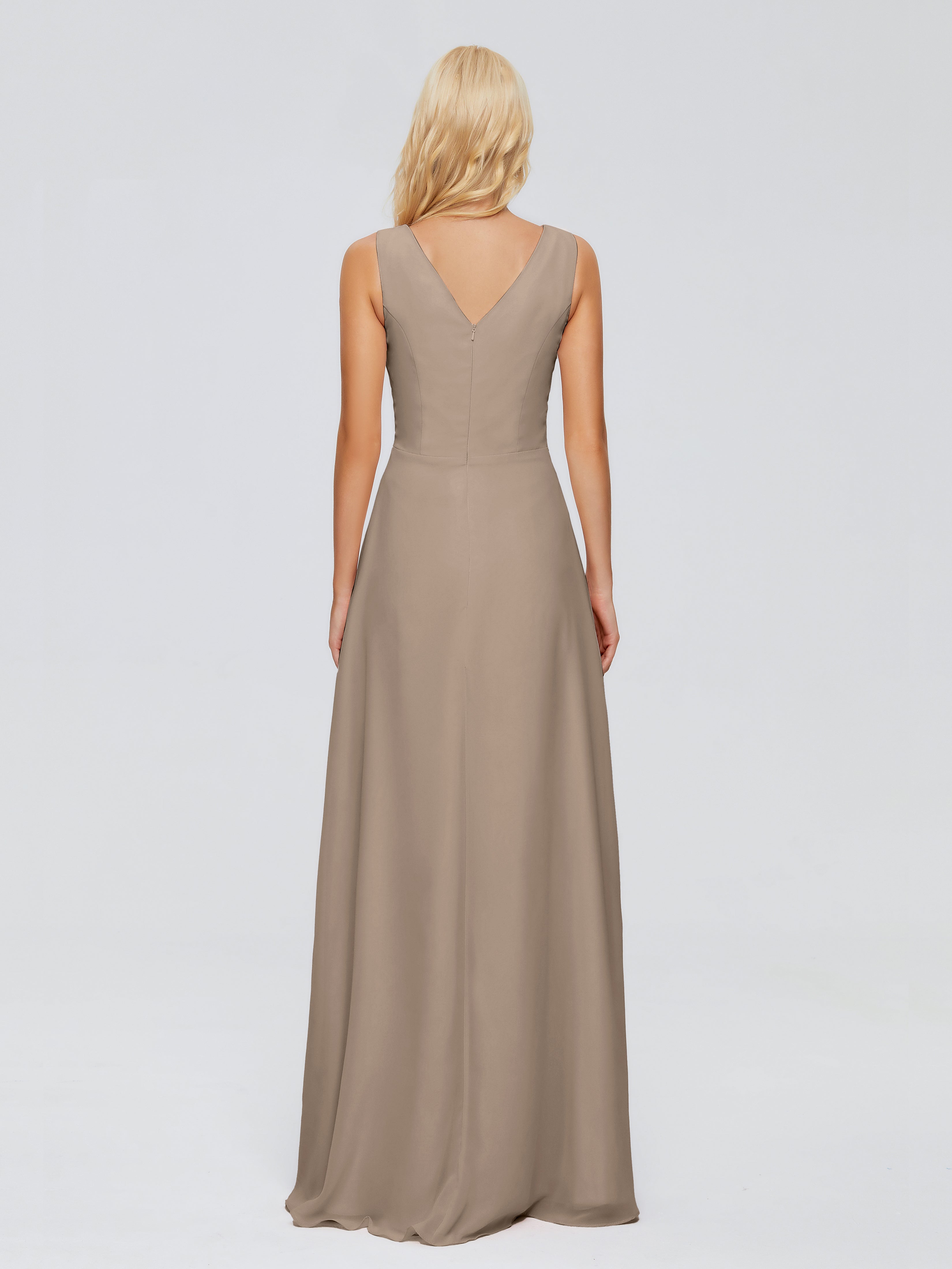 Robe Demoiselle D Honneur Taupe Fourreau Col V Sans Manche Mousseline Robes Demoiselle D'Honneur