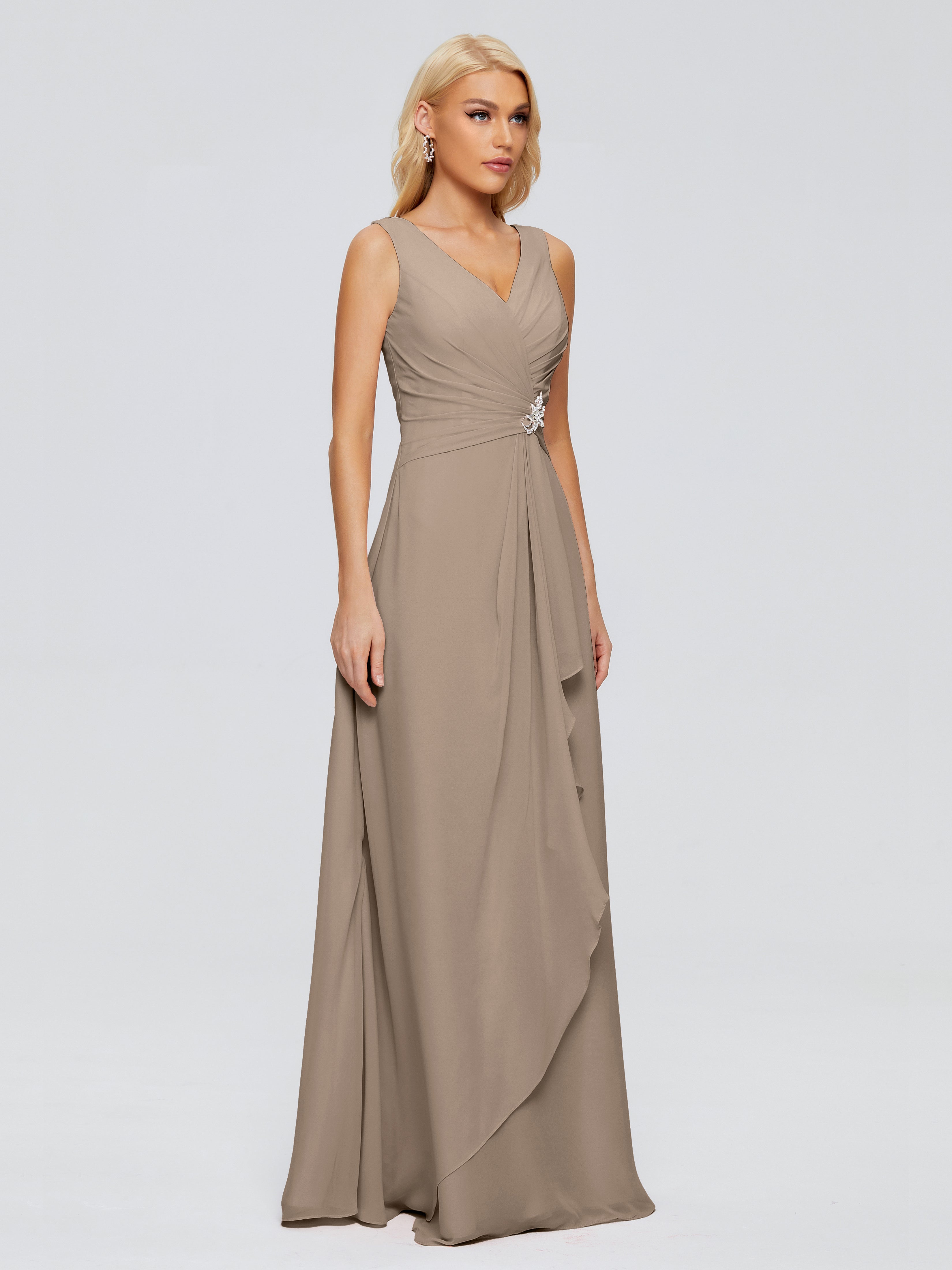 Robe Demoiselle D Honneur Taupe Fourreau Col V Sans Manche Mousseline Robes Demoiselle D'Honneur