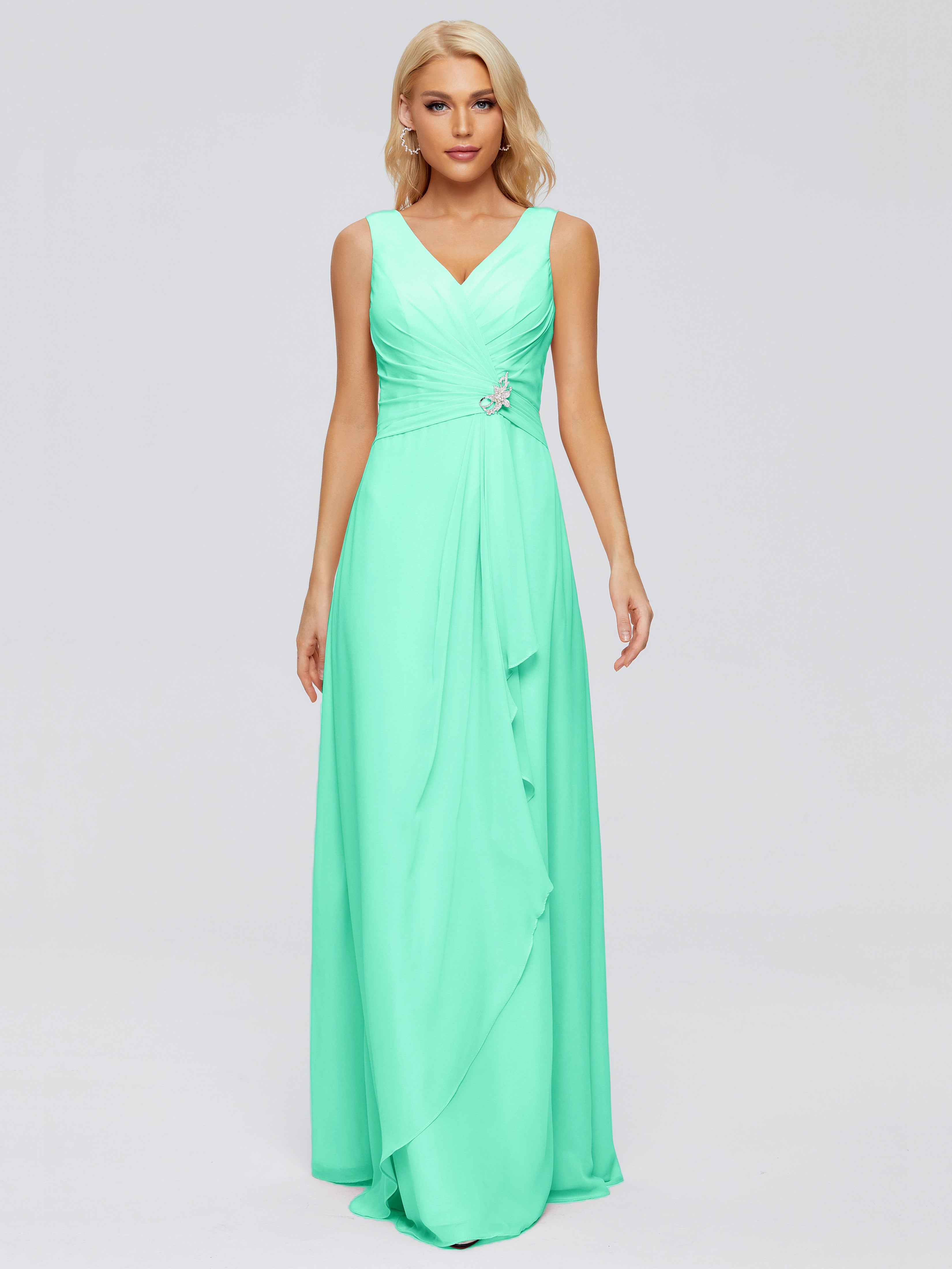 Robe Demoiselle D Honneur Turquoise Fourreau Col V Sans Manche Mousseline Robes Demoiselle D'Honneur