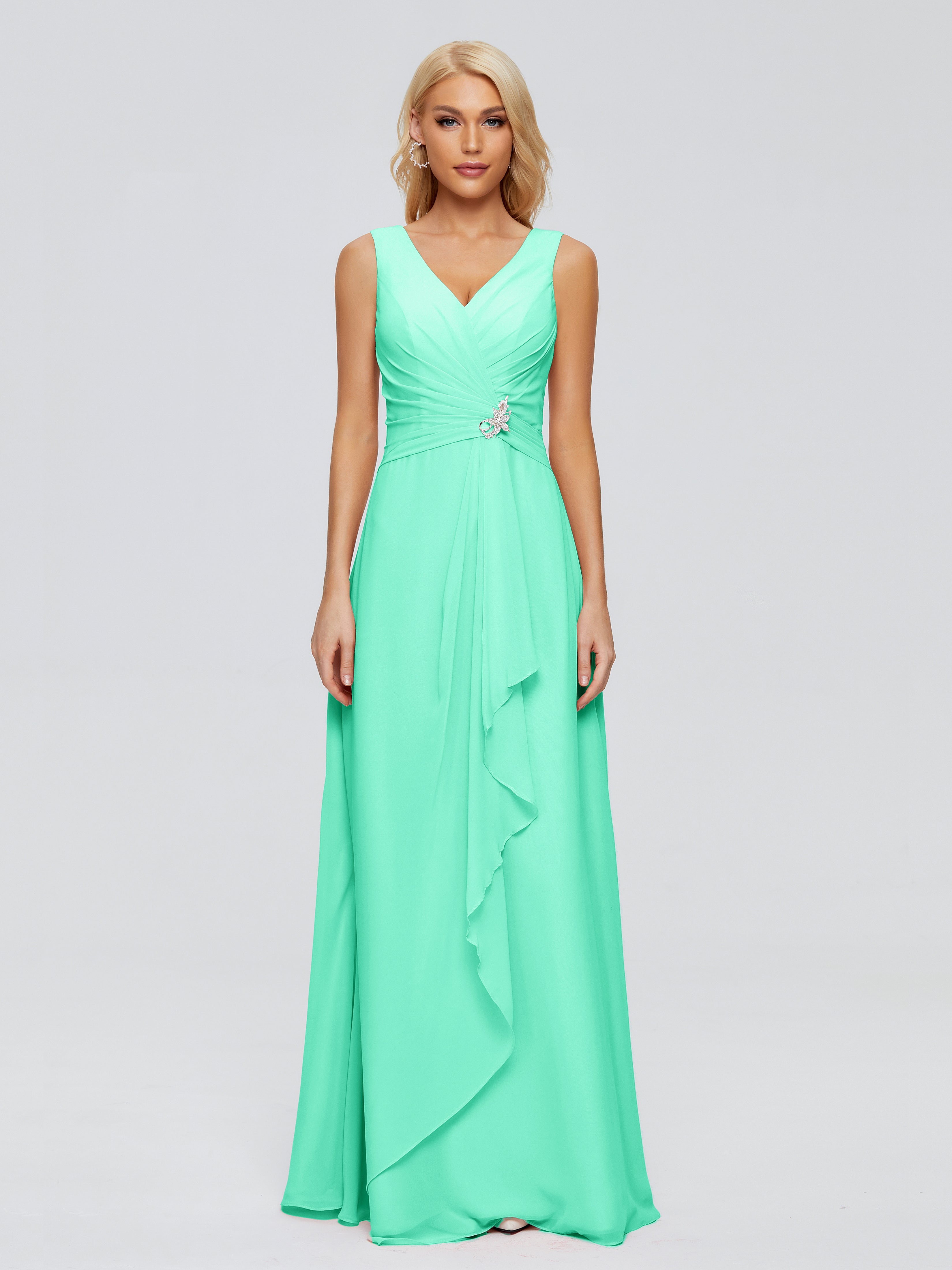 Robe Demoiselle D Honneur Turquoise Fourreau Col V Sans Manche Mousseline Robes Demoiselle D'Honneur