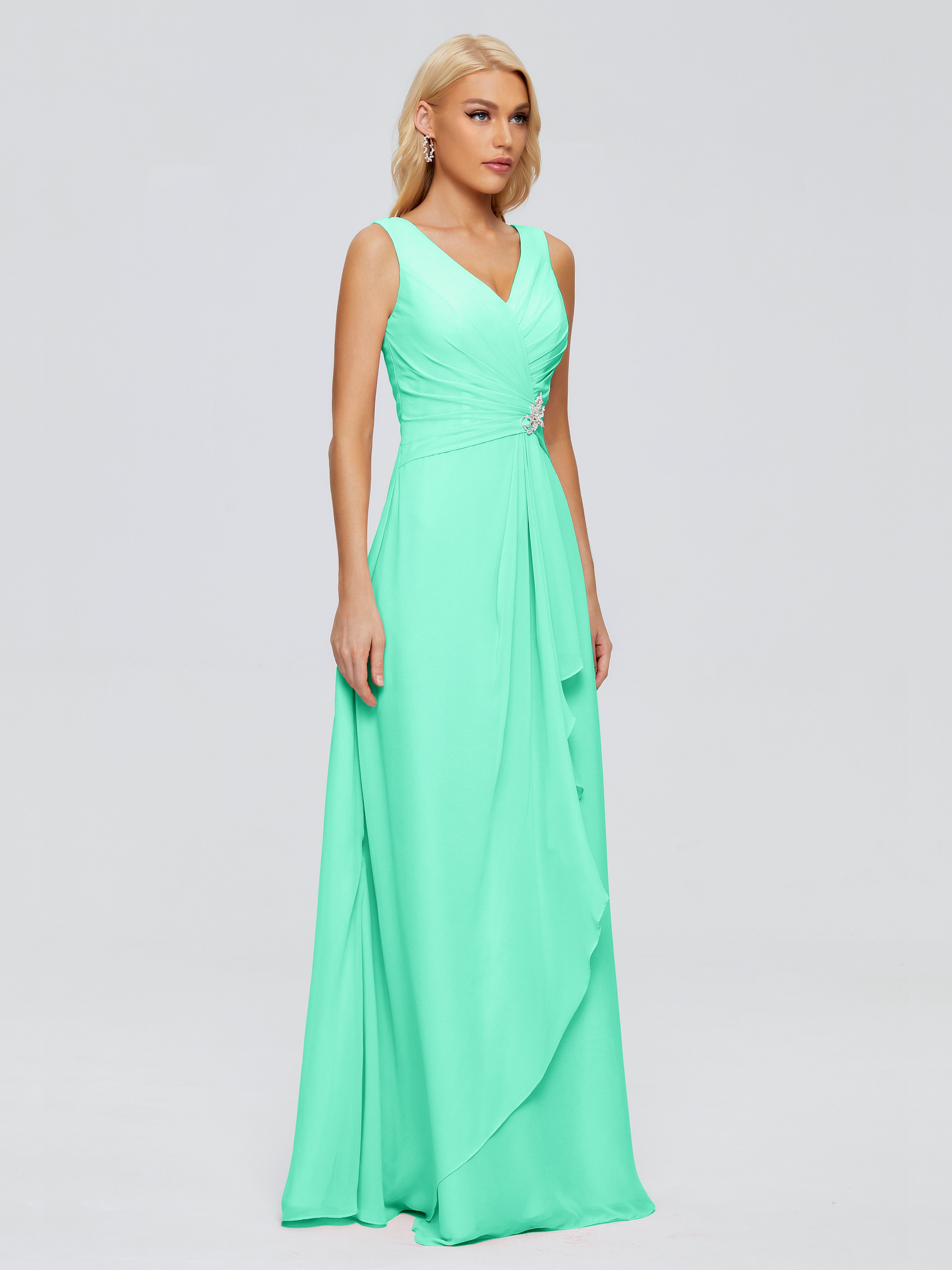 Robe Demoiselle D Honneur Turquoise Fourreau Col V Sans Manche Mousseline Robes Demoiselle D'Honneur