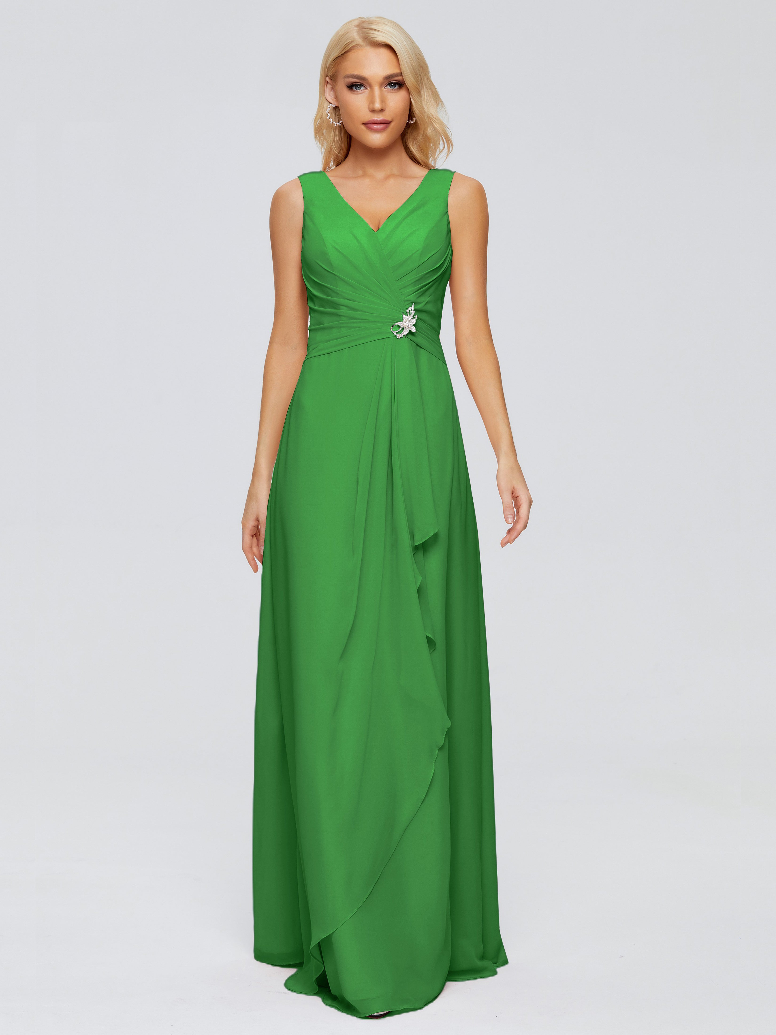 Robe Longue Verte Demoiselle D Honneur Fourreau Col V Sans Manche Mousseline Robes Demoiselle D'Honneur