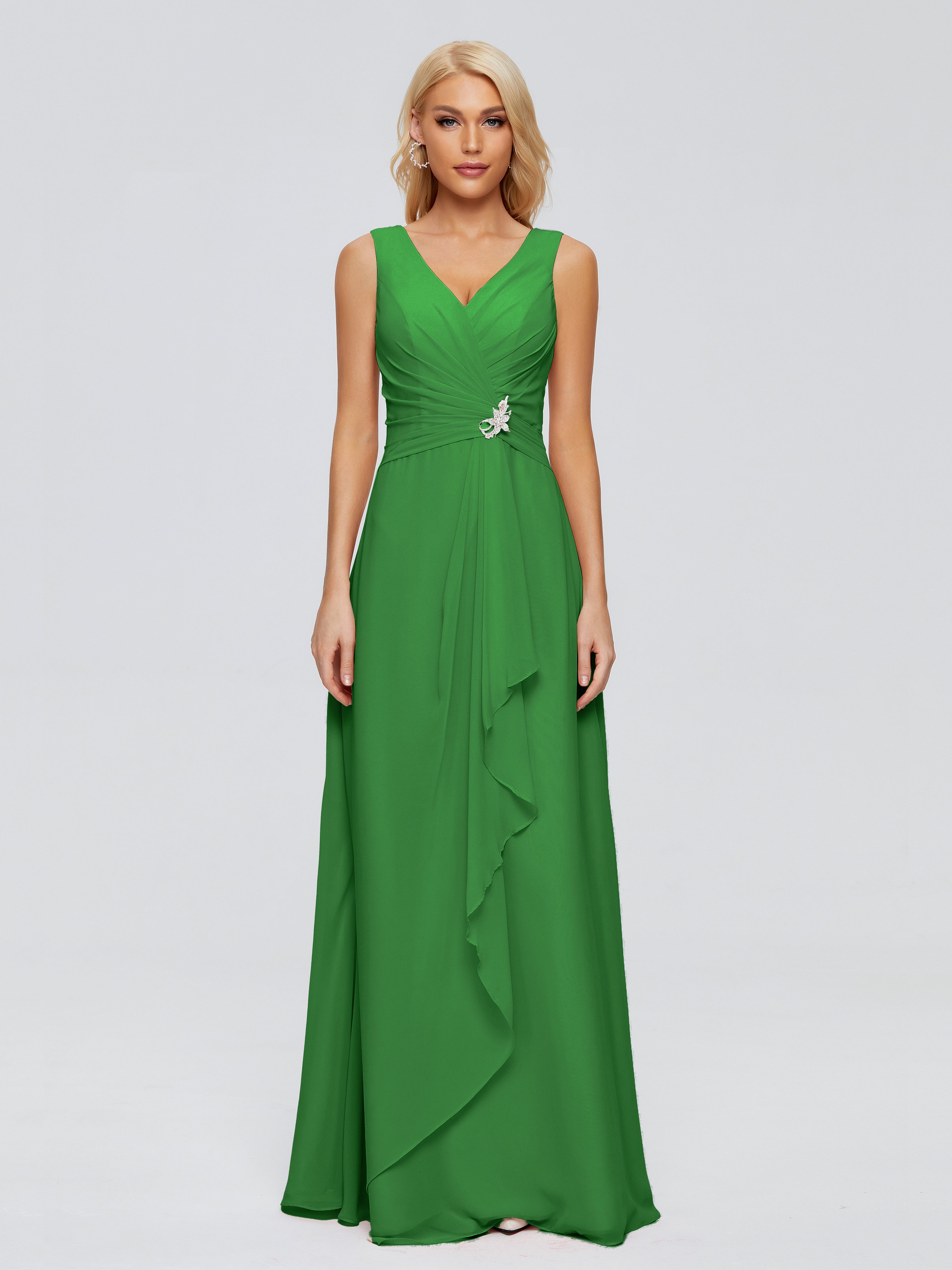 Robe Longue Verte Demoiselle D Honneur Fourreau Col V Sans Manche Mousseline Robes Demoiselle D'Honneur