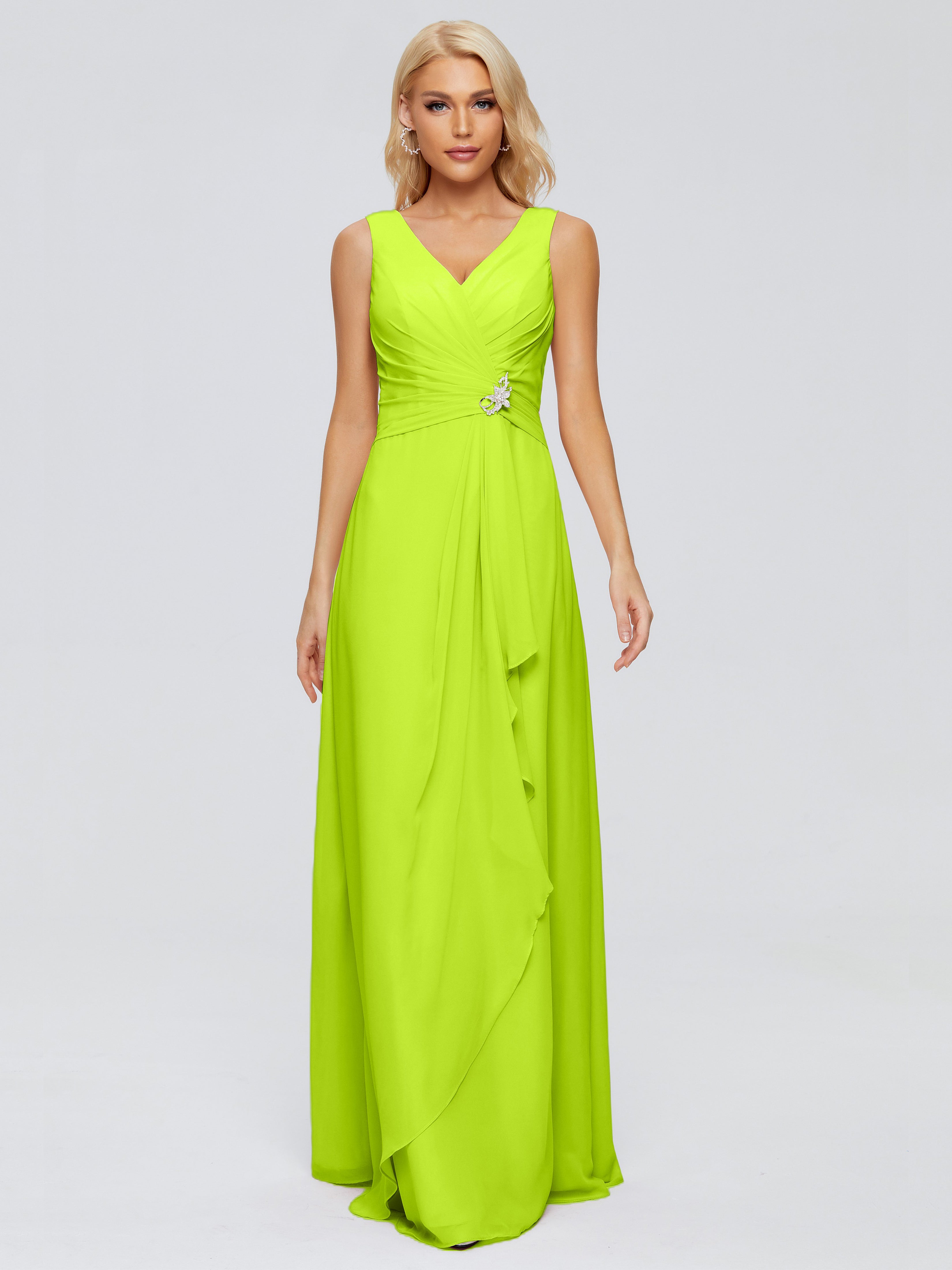 Robes De Demoiselle D'Honneur Vert Citron Fourreau Col V Sans Manche Mousseline Robes Demoiselle D'Honneur
