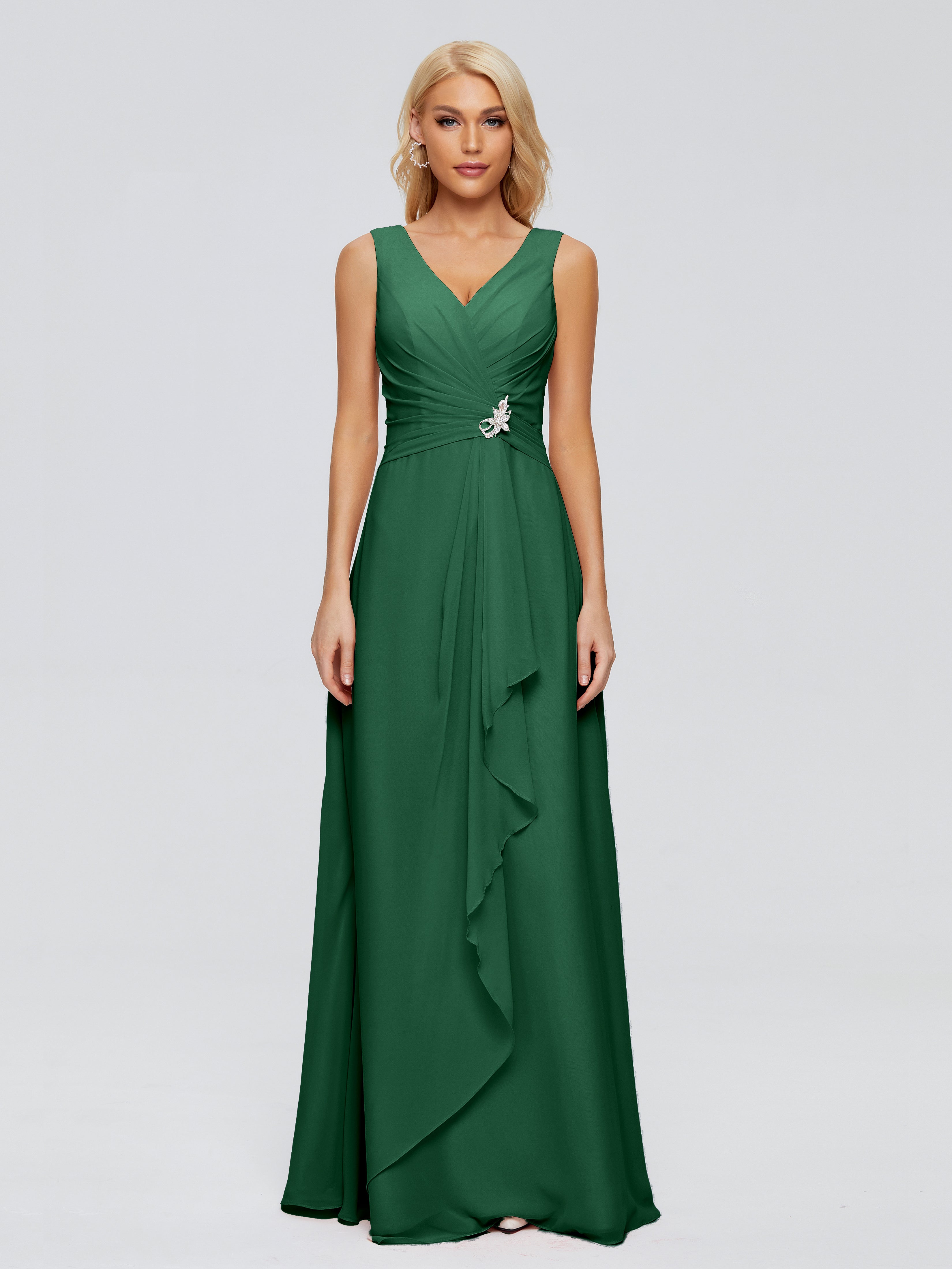 Robes De Demoiselle D'Honneur Vert Foncé Fourreau Col V Sans Manche Mousseline Robes Demoiselle D'Honneur