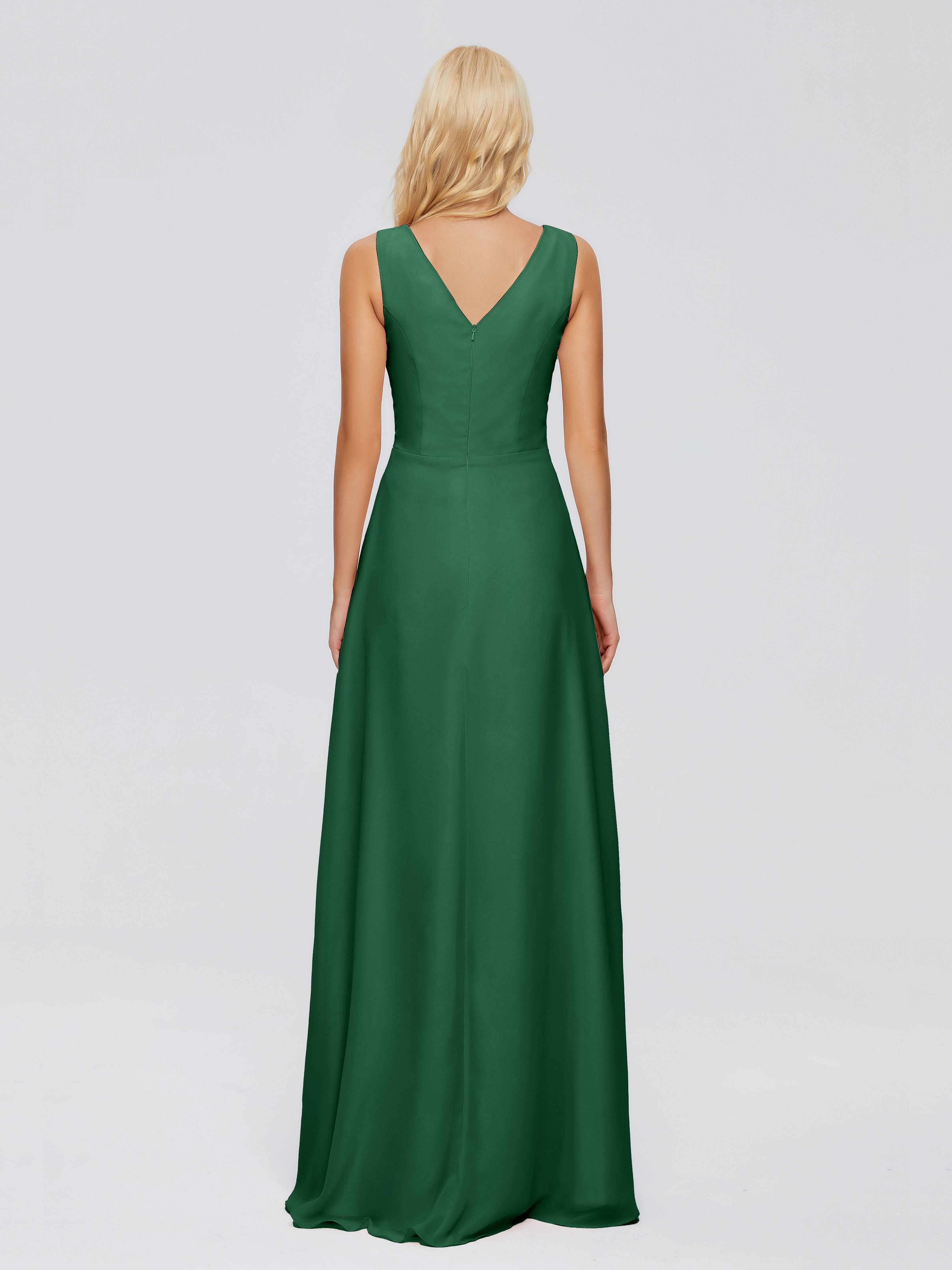 Robes De Demoiselle D'Honneur Vert Foncé Fourreau Col V Sans Manche Mousseline Robes Demoiselle D'Honneur