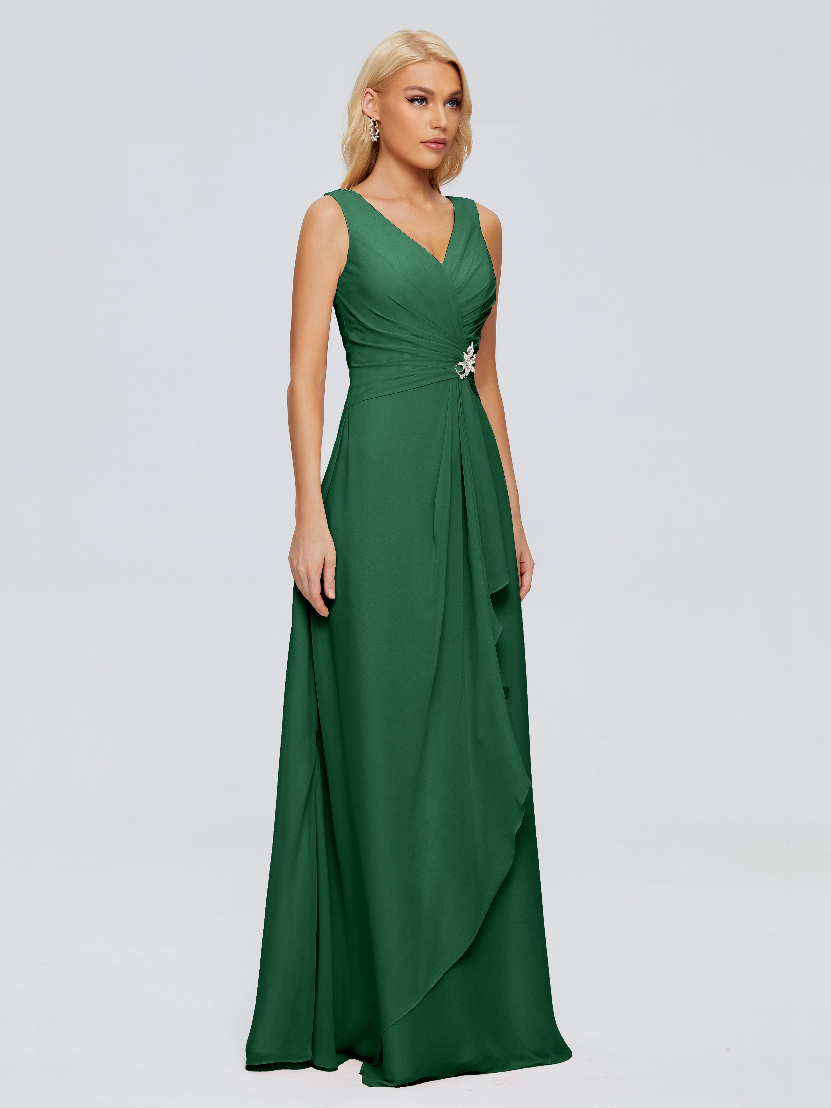 Robes De Demoiselle D'Honneur Vert Foncé Fourreau Col V Sans Manche Mousseline Robes Demoiselle D'Honneur