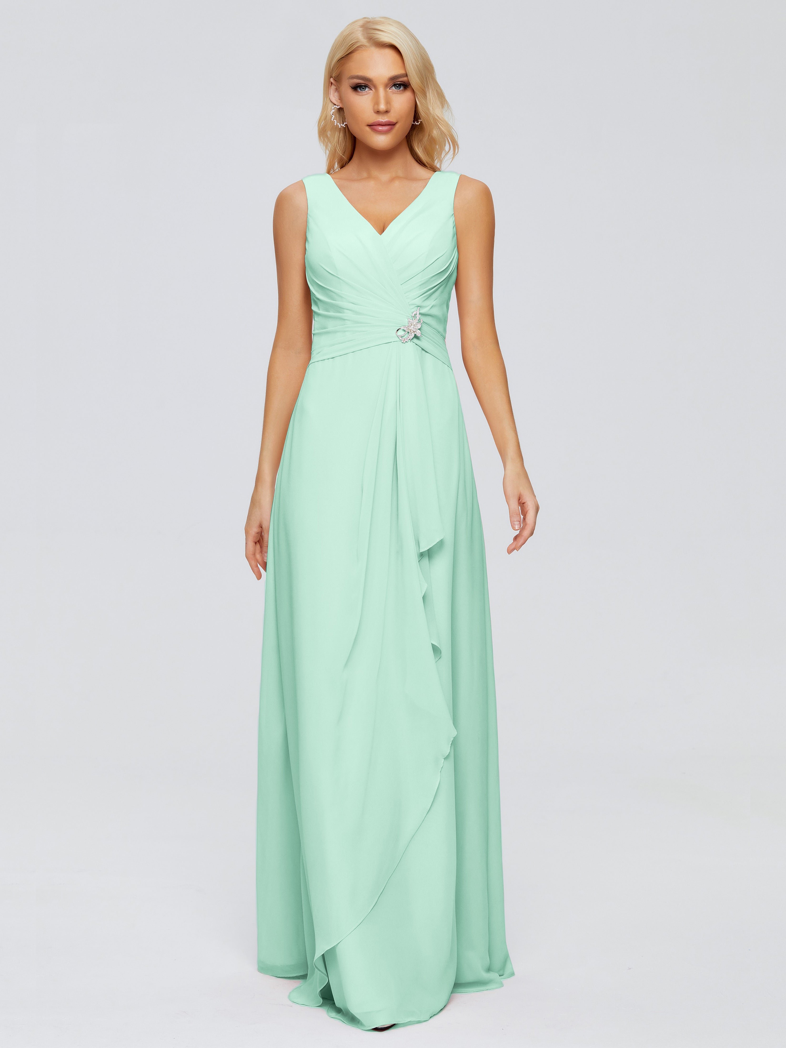 Robe Demoiselle D Honneur Vert Menthe Fourreau Col V Sans Manche Mousseline Robes Demoiselle D'Honneur