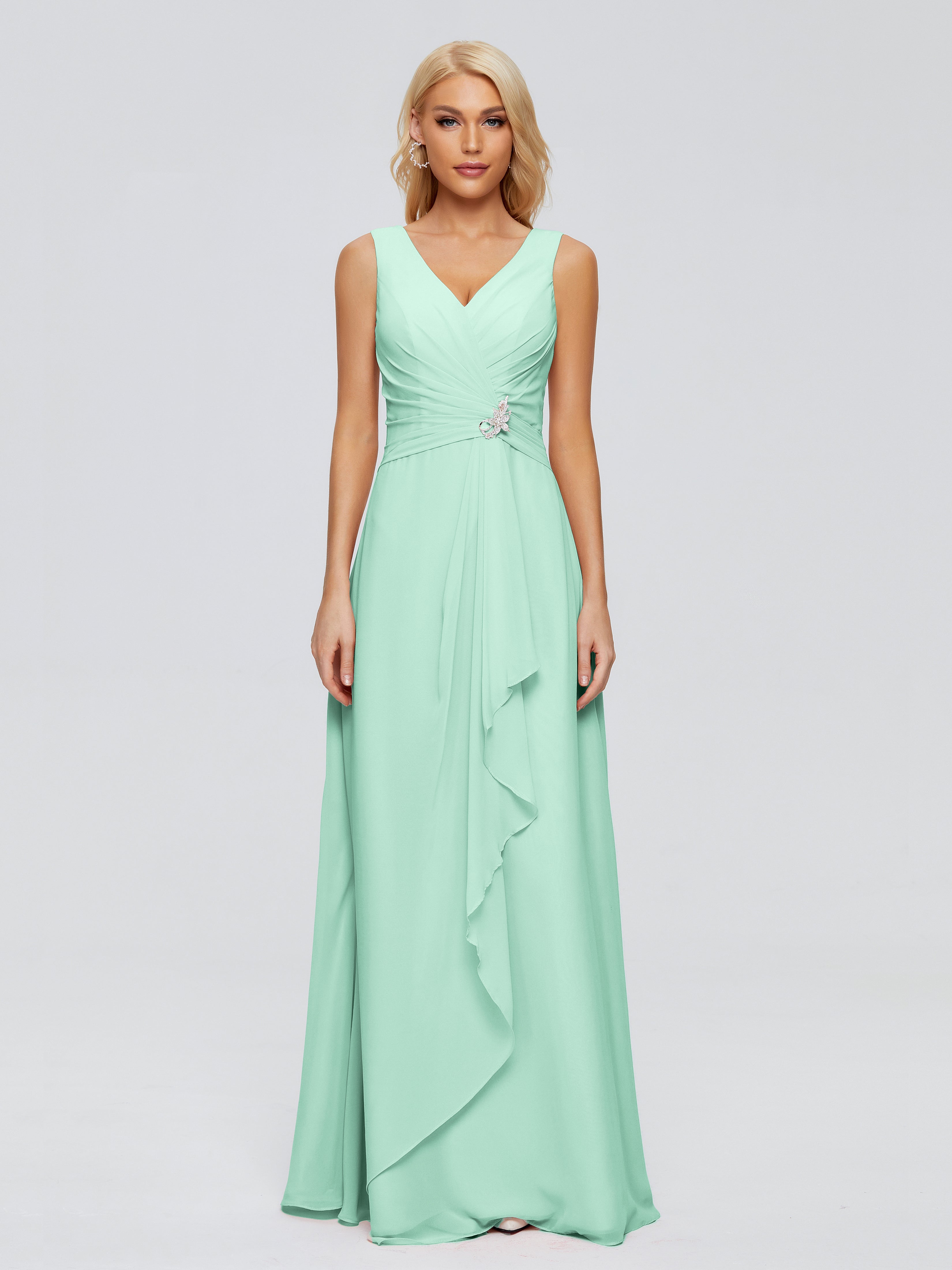 Robe Demoiselle D Honneur Vert Menthe Fourreau Col V Sans Manche Mousseline Robes Demoiselle D'Honneur