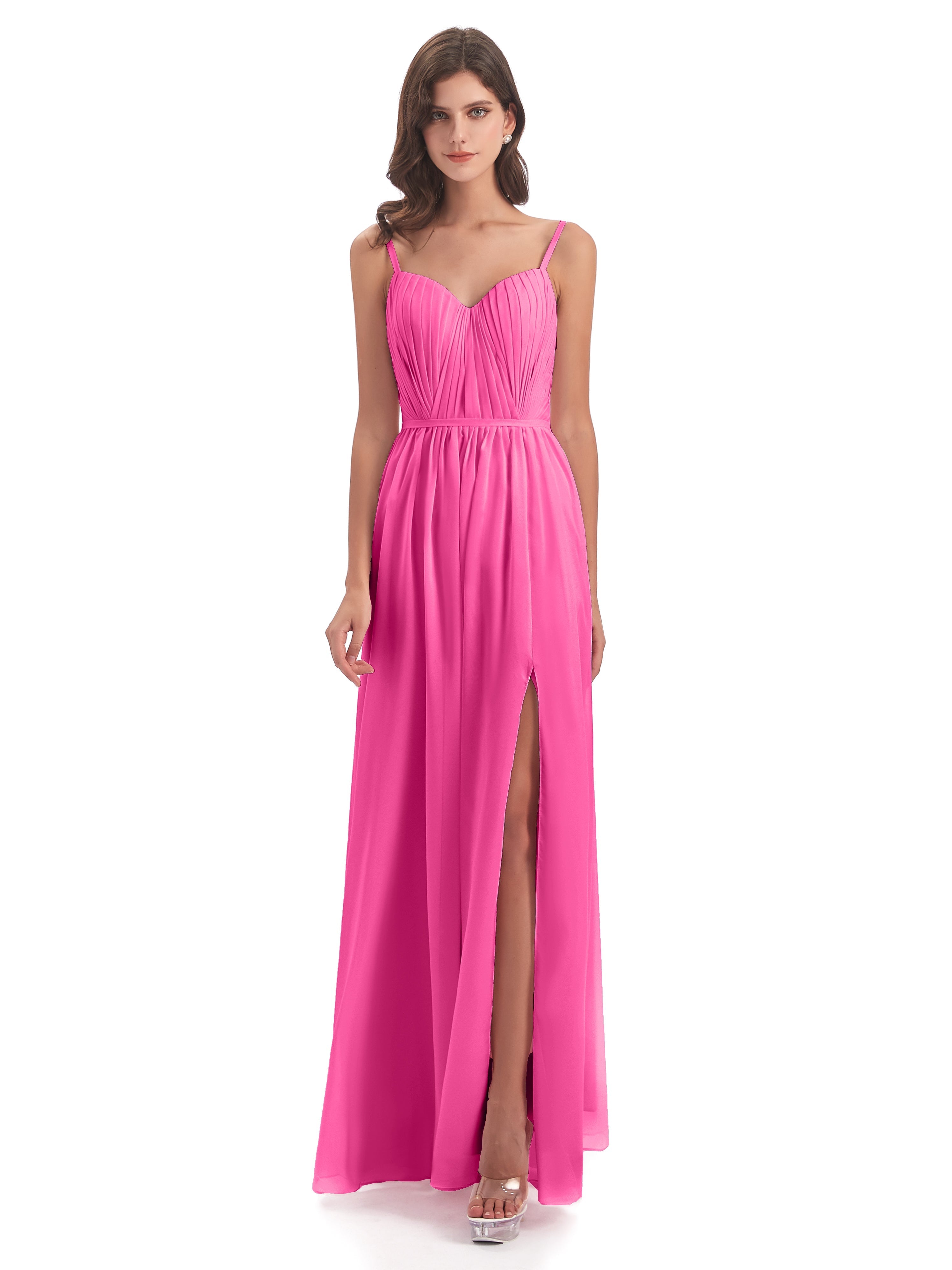 Robe Demoiselle D Honneur En Azalée Bretelles Spaghetti Fendue Devant Robes Demoiselle D'Honneur