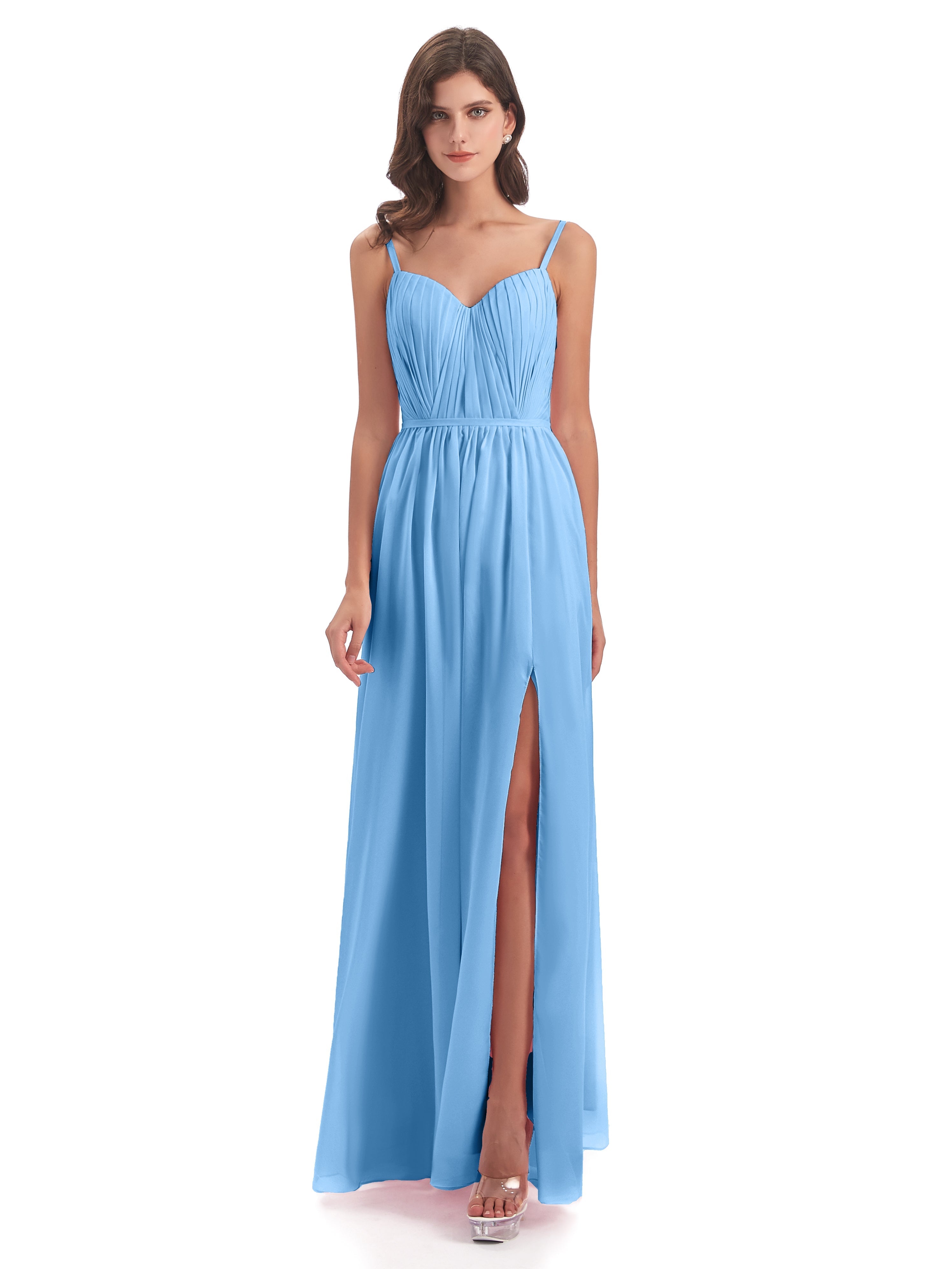 Robe Demoiselle D Honneur Bleue Bretelles Spaghetti Fendue Devant Robes Demoiselle D'Honneur