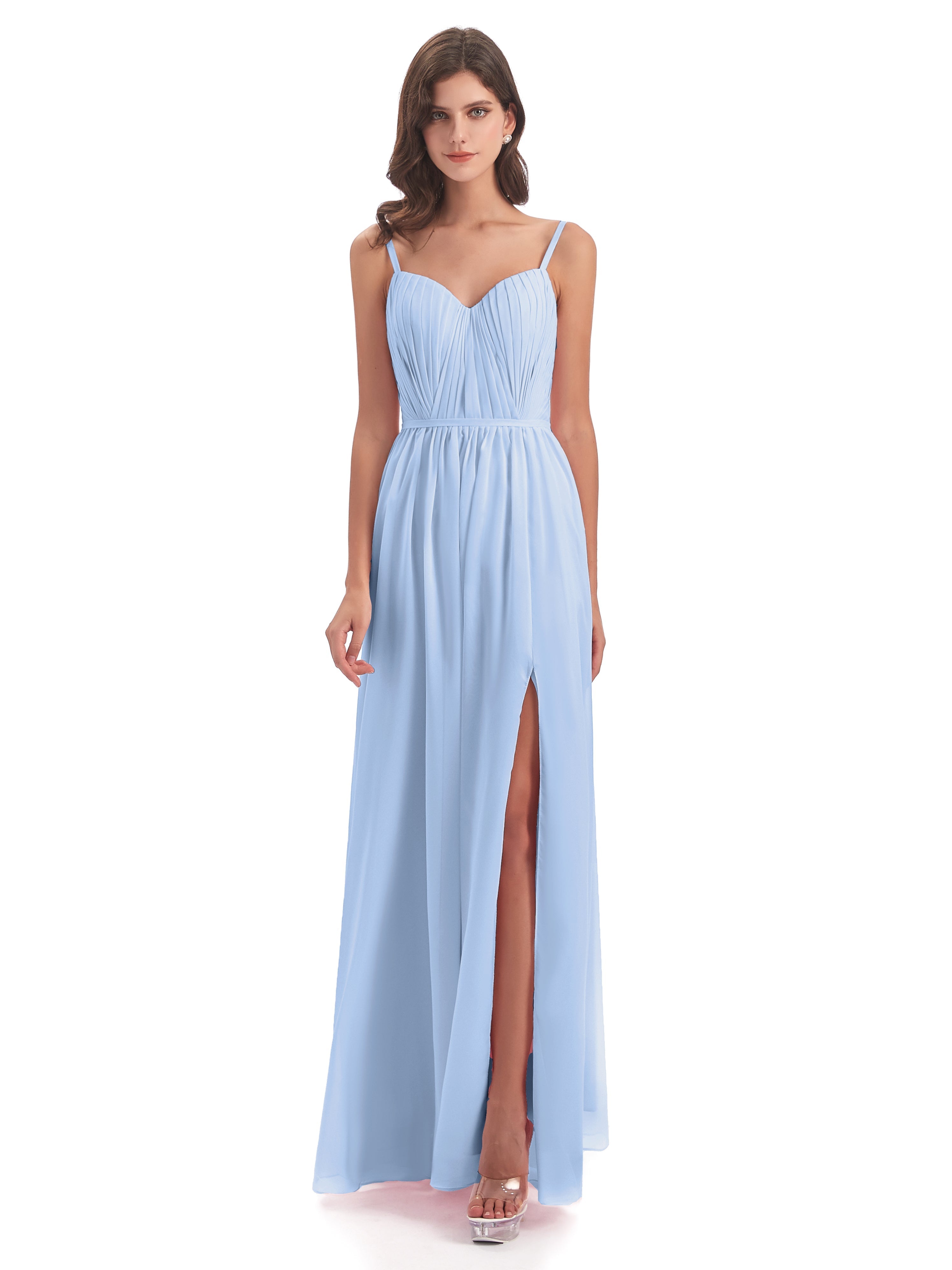 Robes De Demoiselle D'Honneur Bleu Ciel Bretelles Spaghetti Fendue Devant Robes Demoiselle D'Honneur