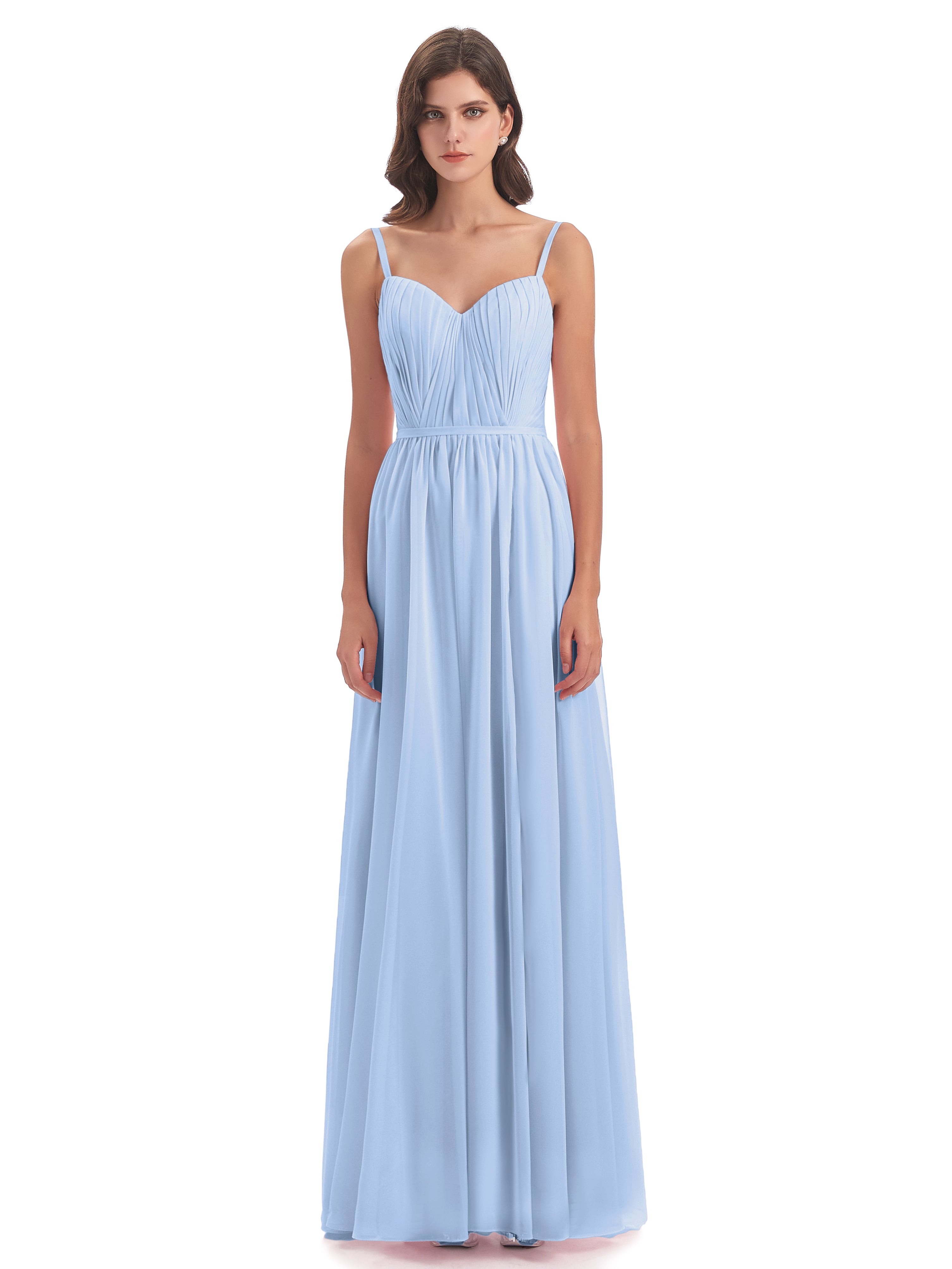 Robes De Demoiselle D'Honneur Bleu Ciel Bretelles Spaghetti Fendue Devant Robes Demoiselle D'Honneur