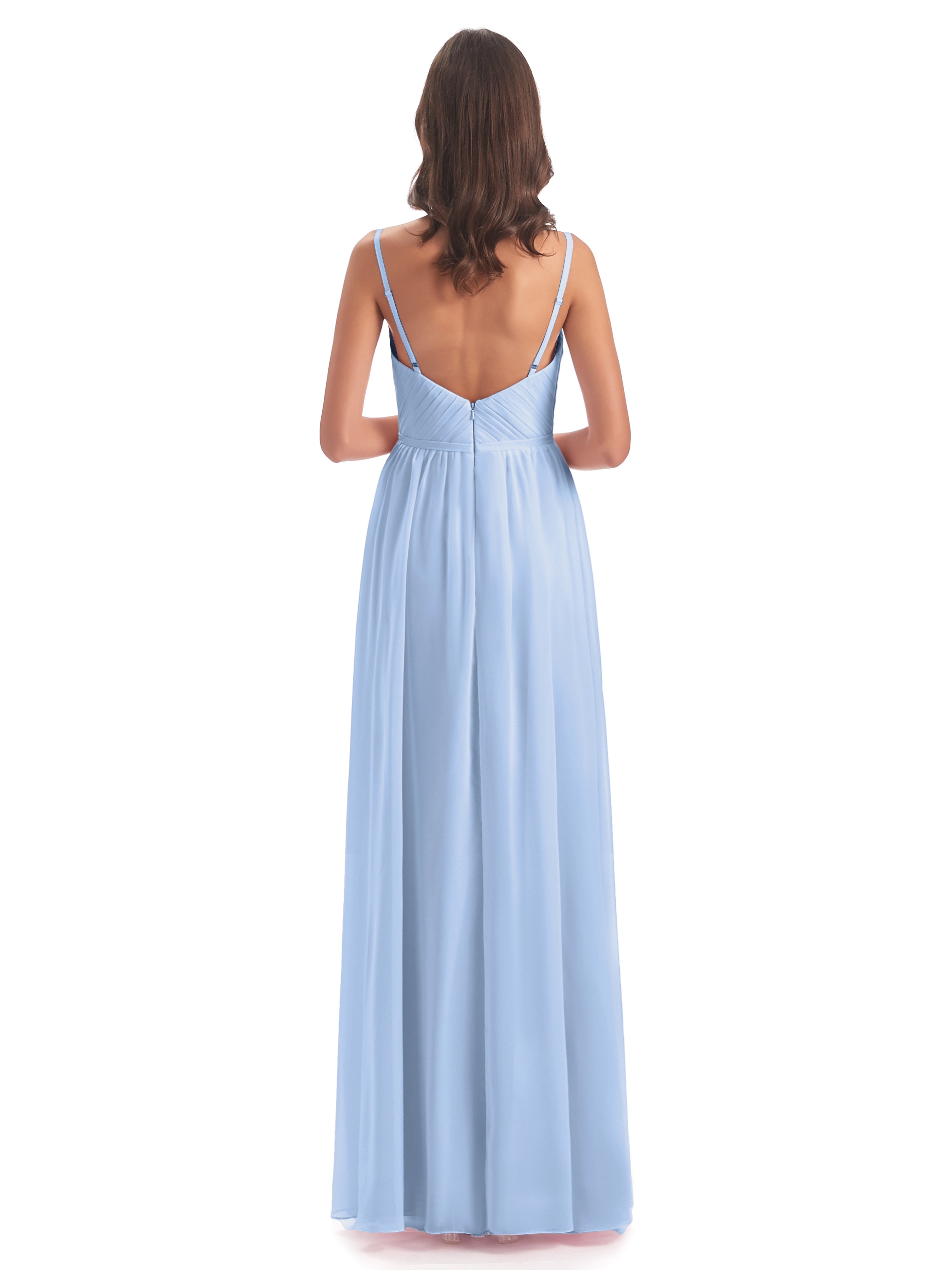 Robes De Demoiselle D'Honneur Bleu Ciel Bretelles Spaghetti Fendue Devant Robes Demoiselle D'Honneur