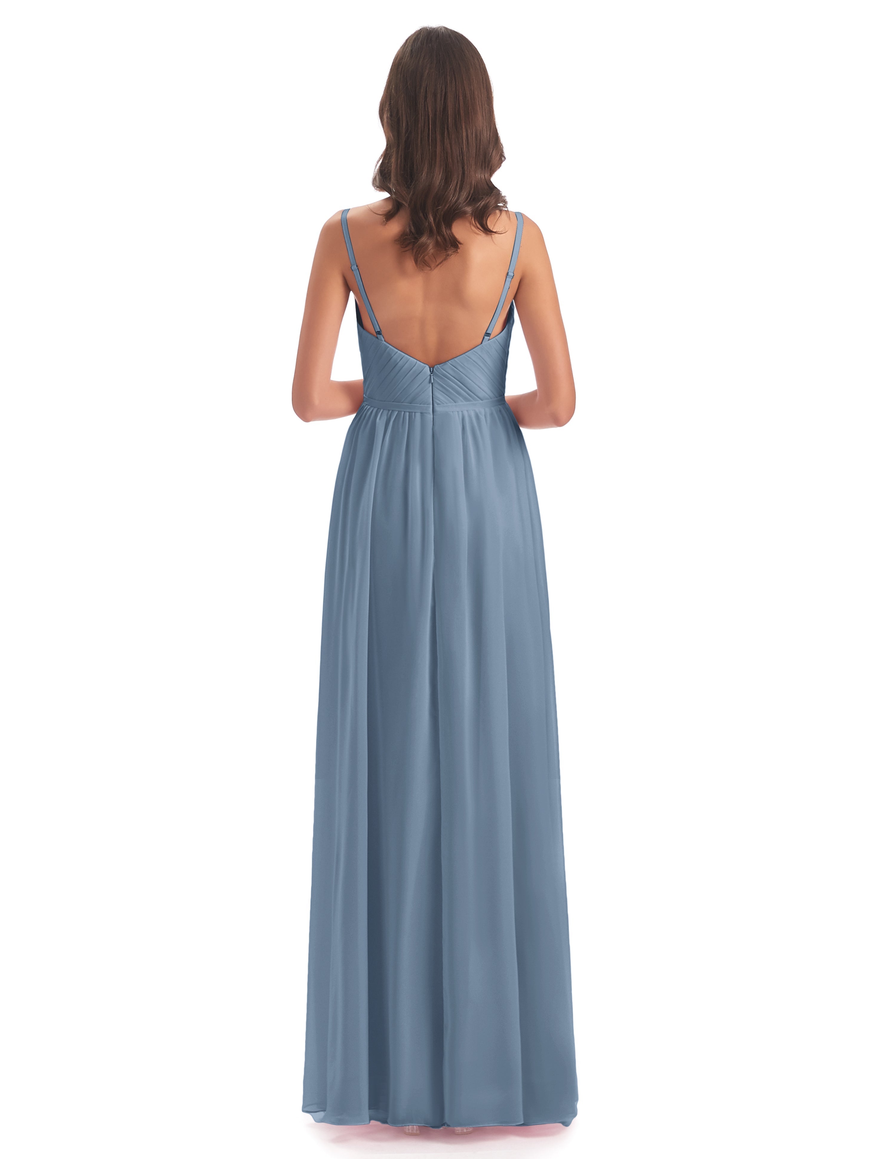 Robes De Demoiselle D'Honneur Bleu De Schiste Bretelles Spaghetti Fendue Devant Robes Demoiselle D'Honneur