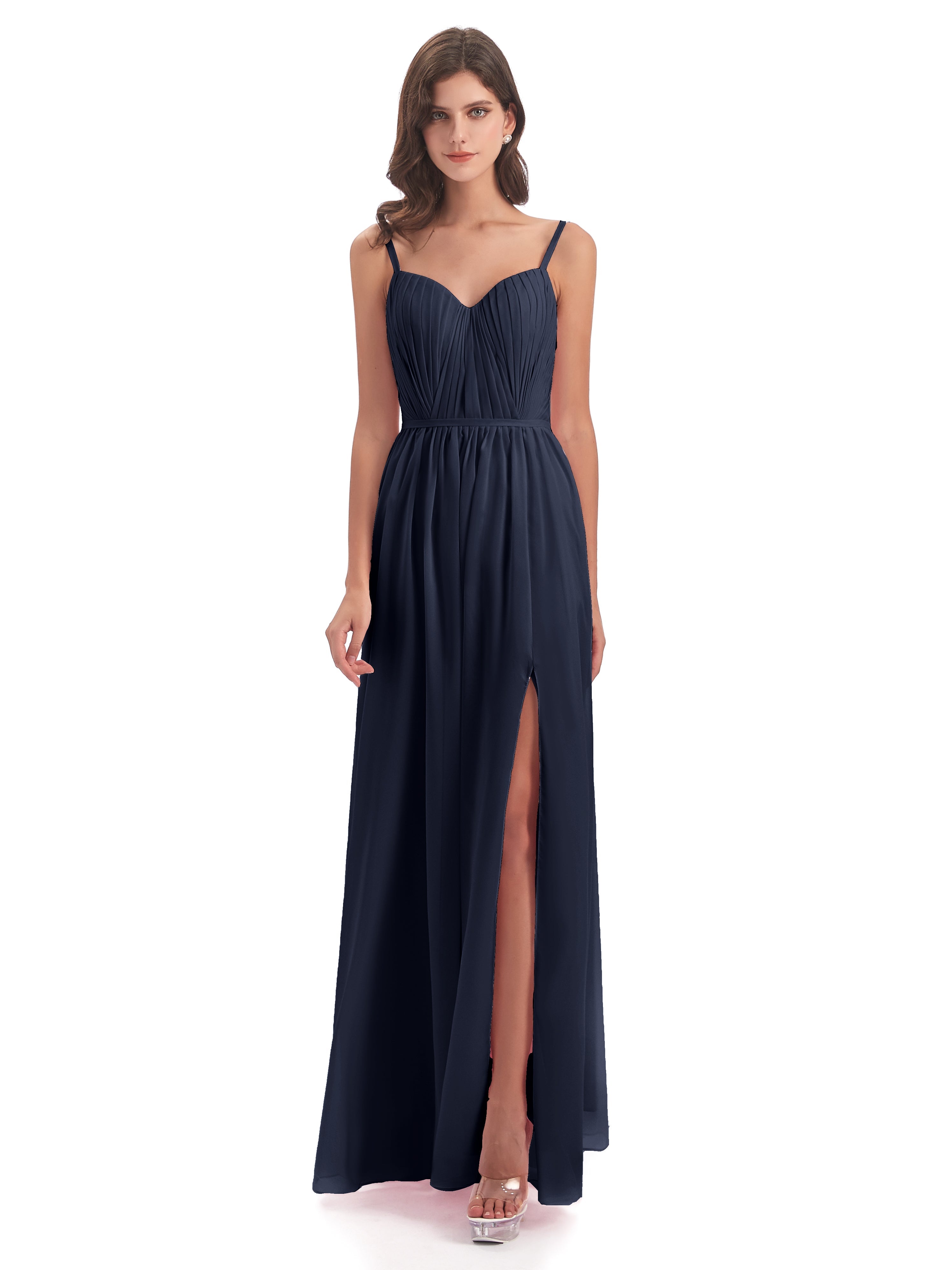 Longues Robes De Demoiselle D'Honneur Bleu Marine Bretelles Spaghetti Fendue Devant Robes Demoiselle D'Honneur