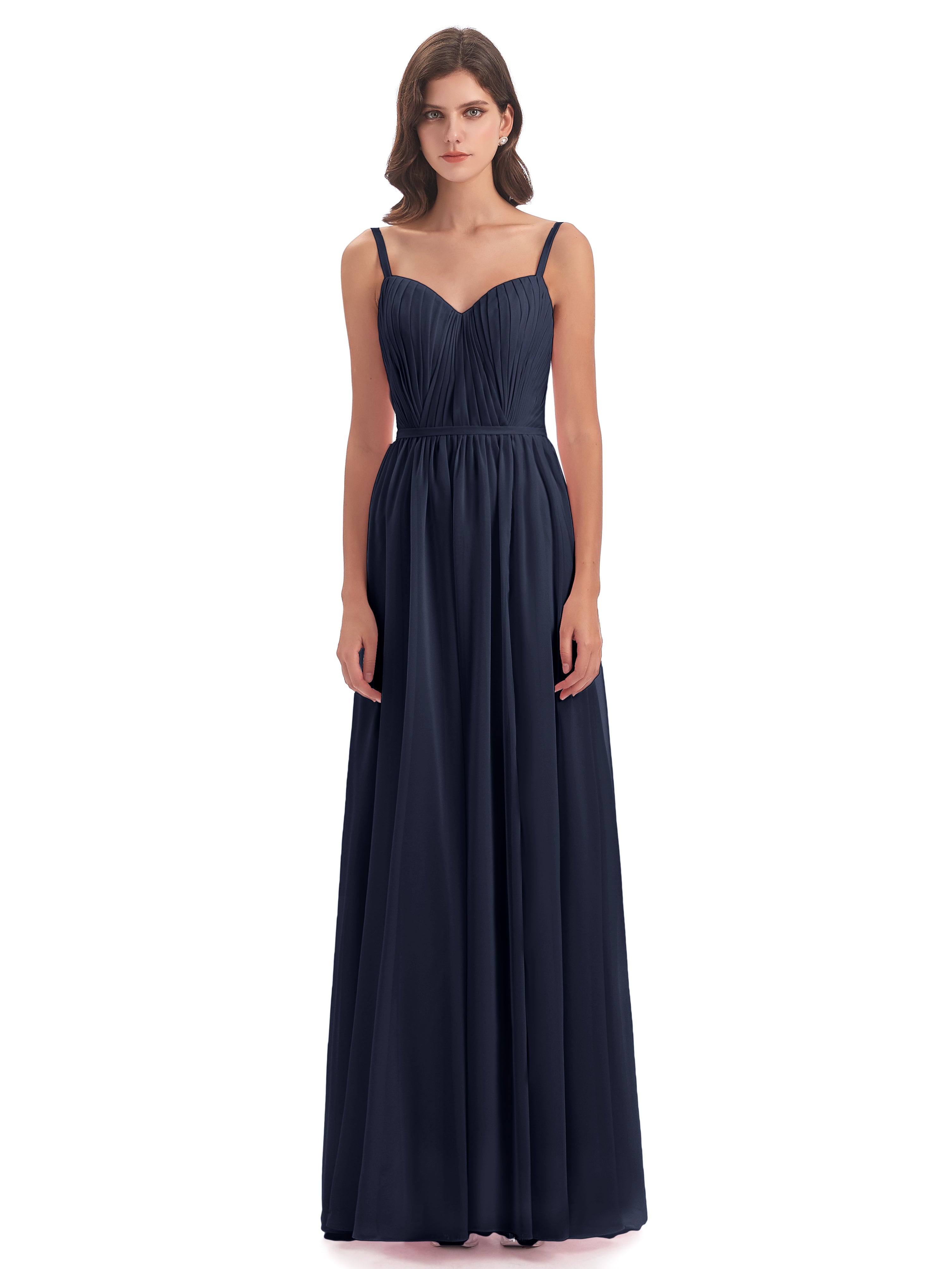 Longues Robes De Demoiselle D'Honneur Bleu Marine Bretelles Spaghetti Fendue Devant Robes Demoiselle D'Honneur