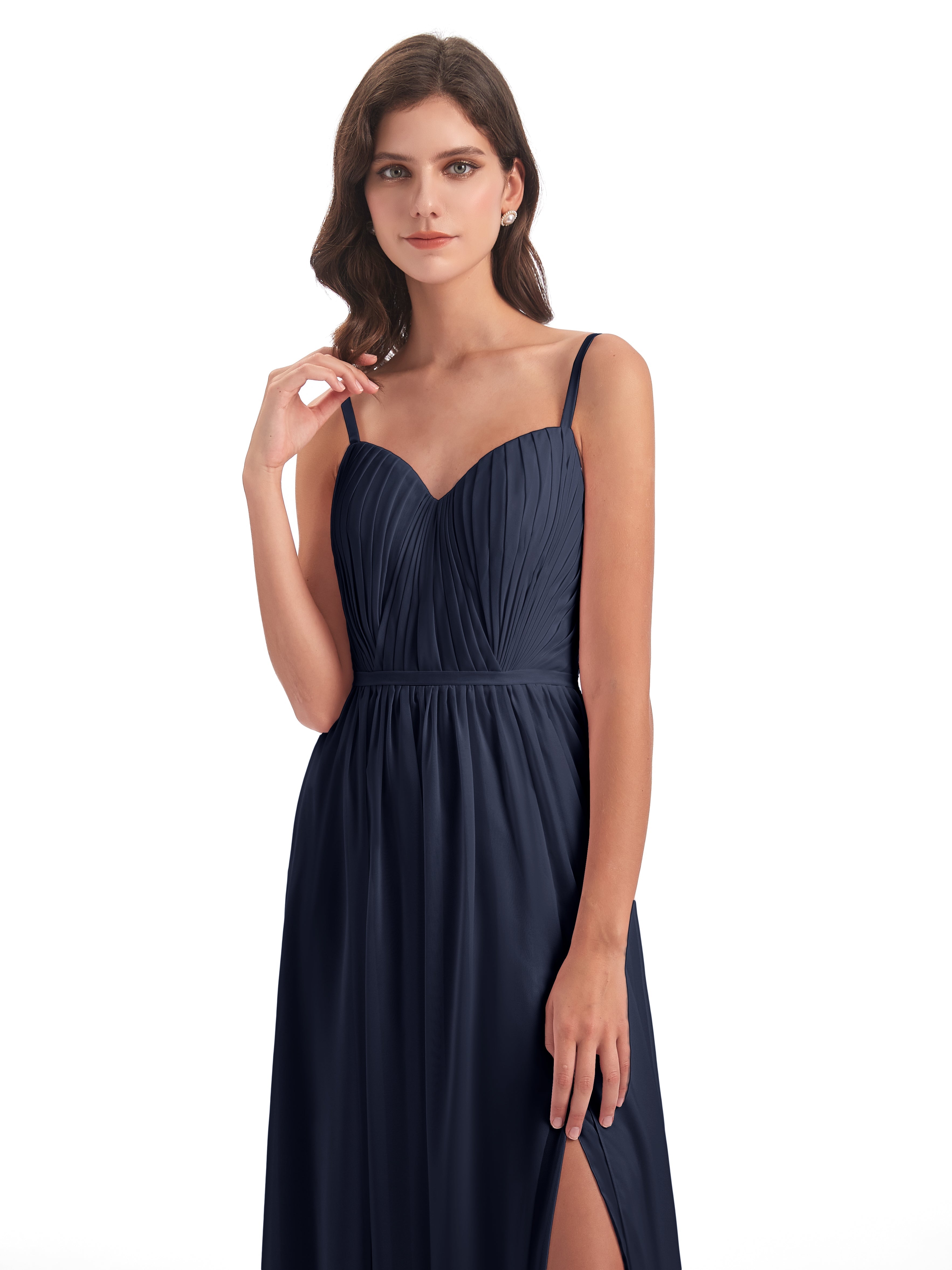 Longues Robes De Demoiselle D'Honneur Bleu Marine Bretelles Spaghetti Fendue Devant Robes Demoiselle D'Honneur