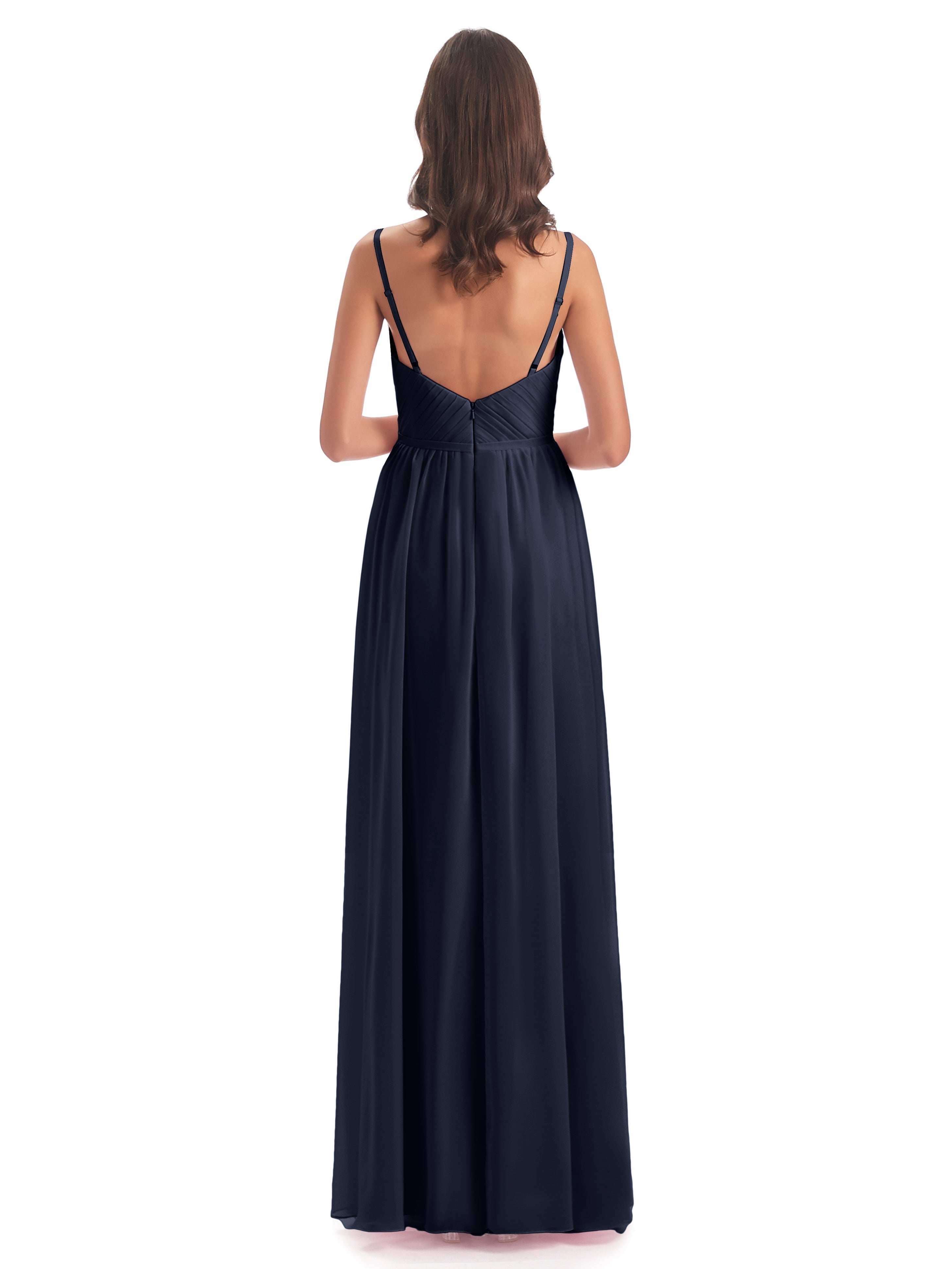 Longues Robes De Demoiselle D'Honneur Bleu Marine Bretelles Spaghetti Fendue Devant Robes Demoiselle D'Honneur