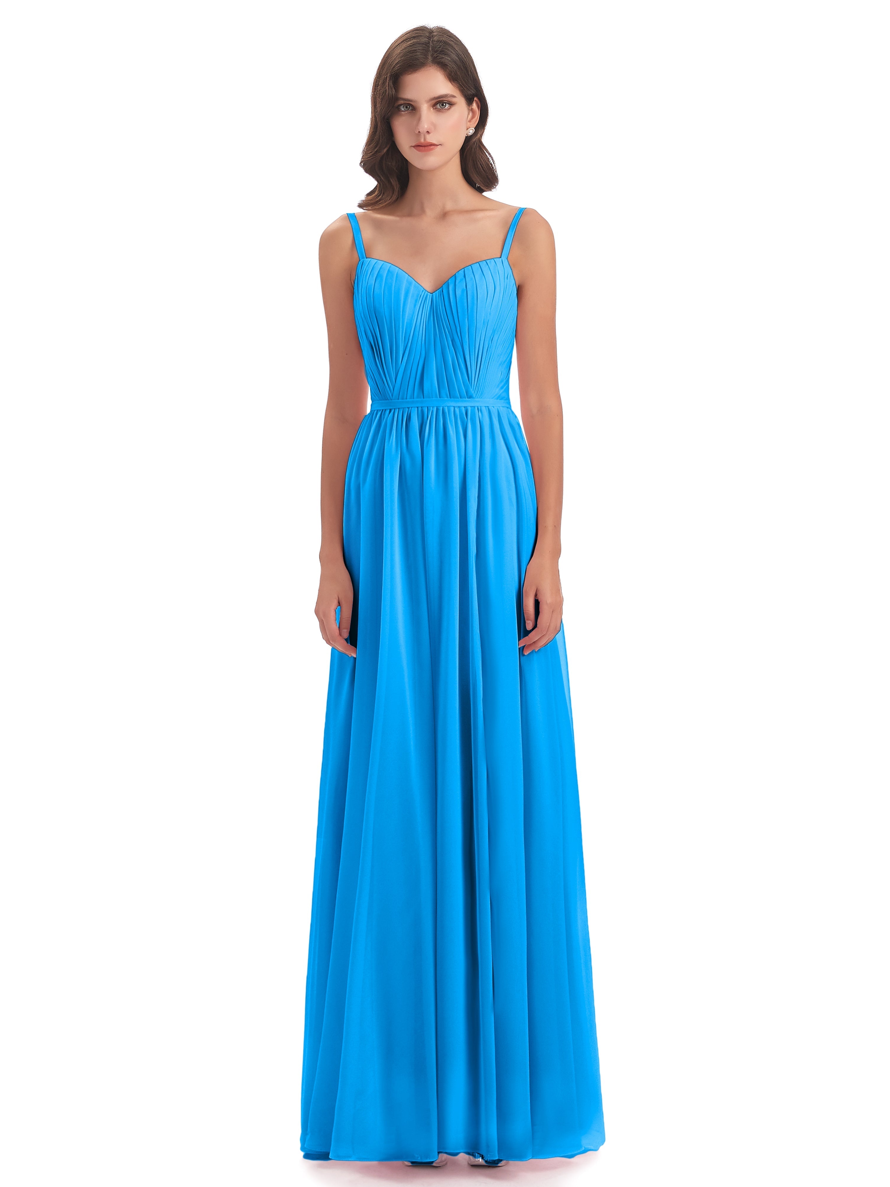 Robes De Demoiselle D'Honneur Bleu Océan Bretelles Spaghetti Fendue Devant Robes Demoiselle D'Honneur
