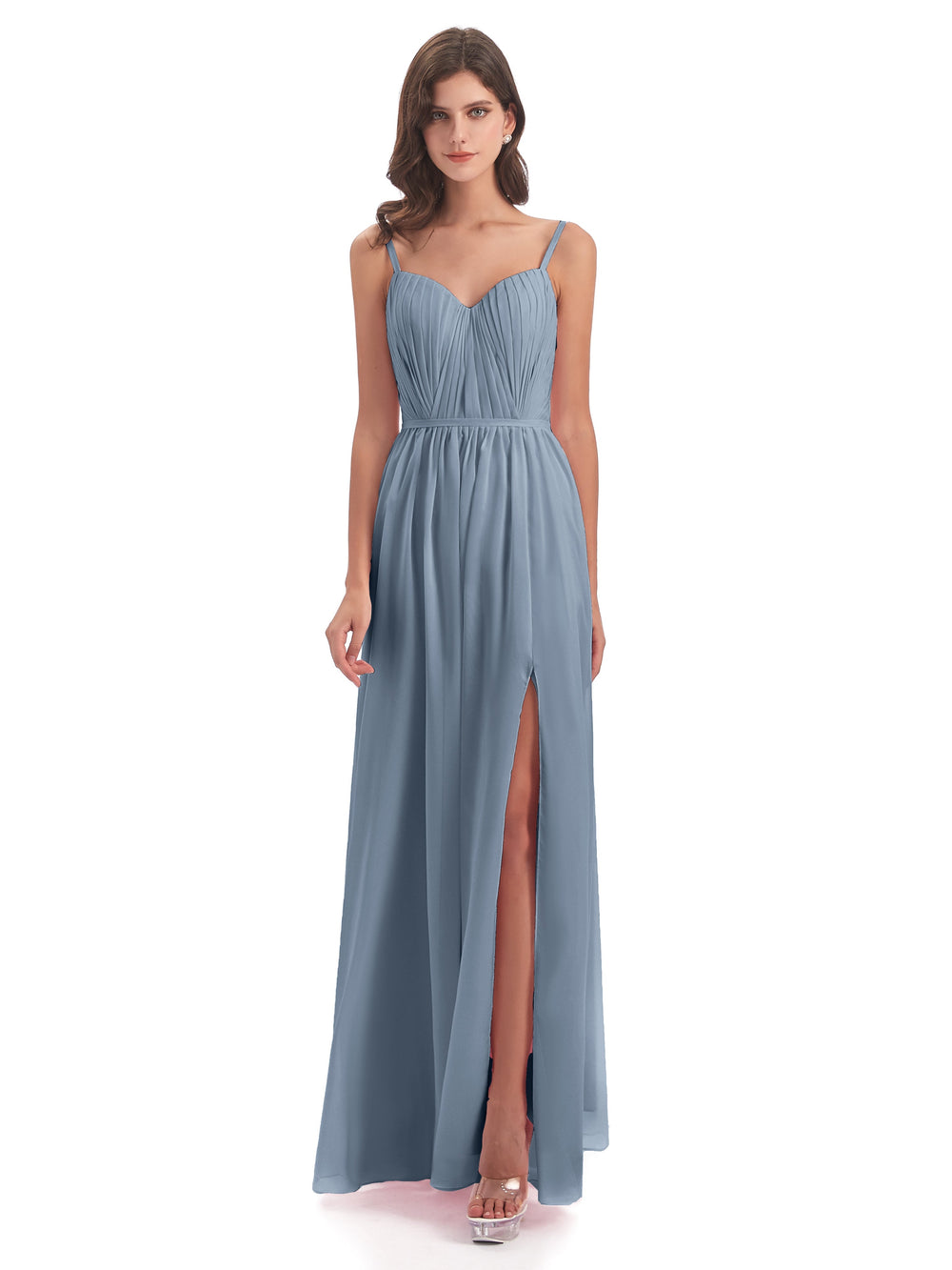 Robes De Demoiselle D'Honneur Bleu Poudre Bretelles Spaghetti Fendue D