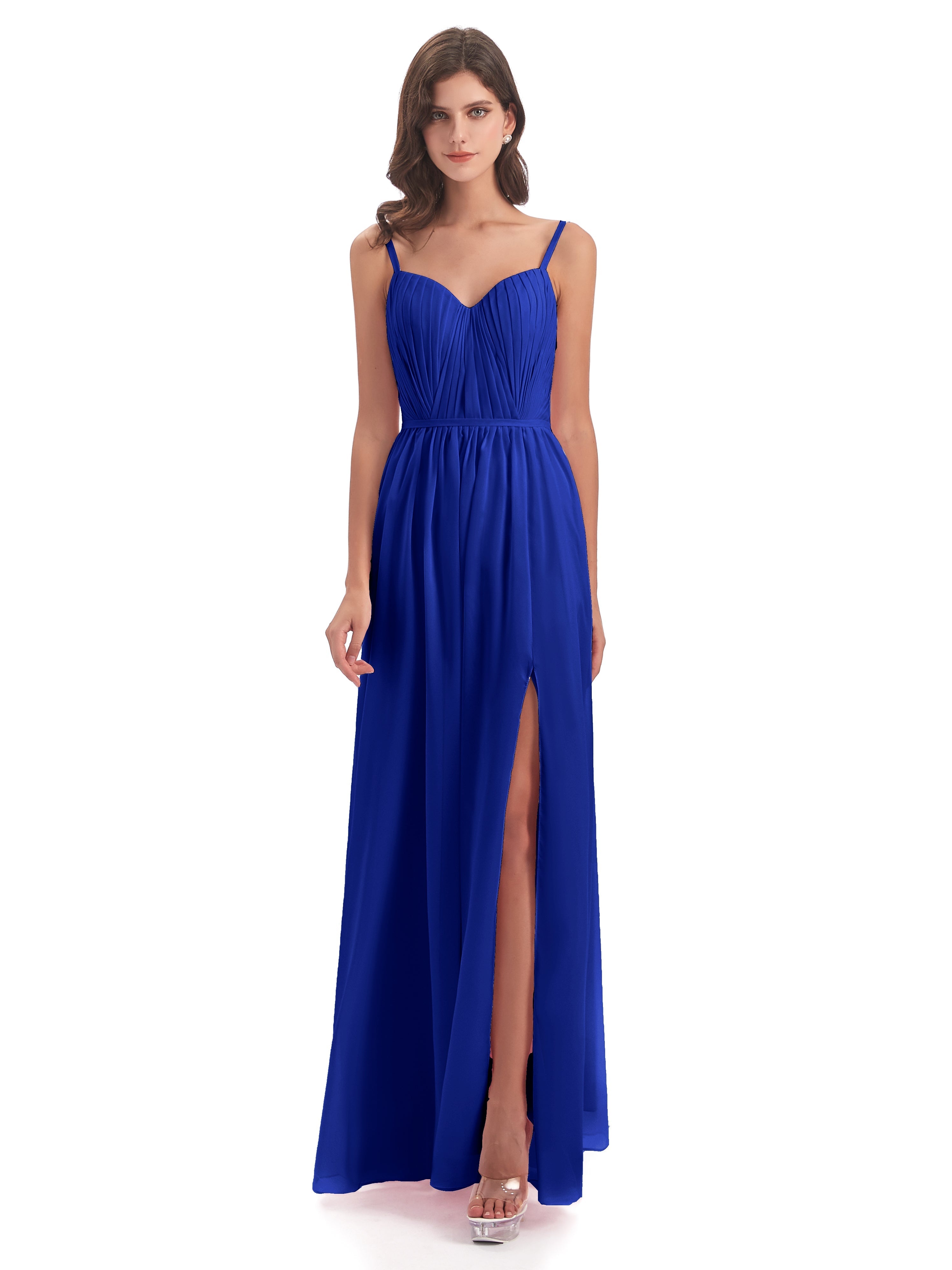 Robe Demoiselle D Honneur Bleu Roi Bretelles Spaghetti Fendue Devant Robes Demoiselle D'Honneur