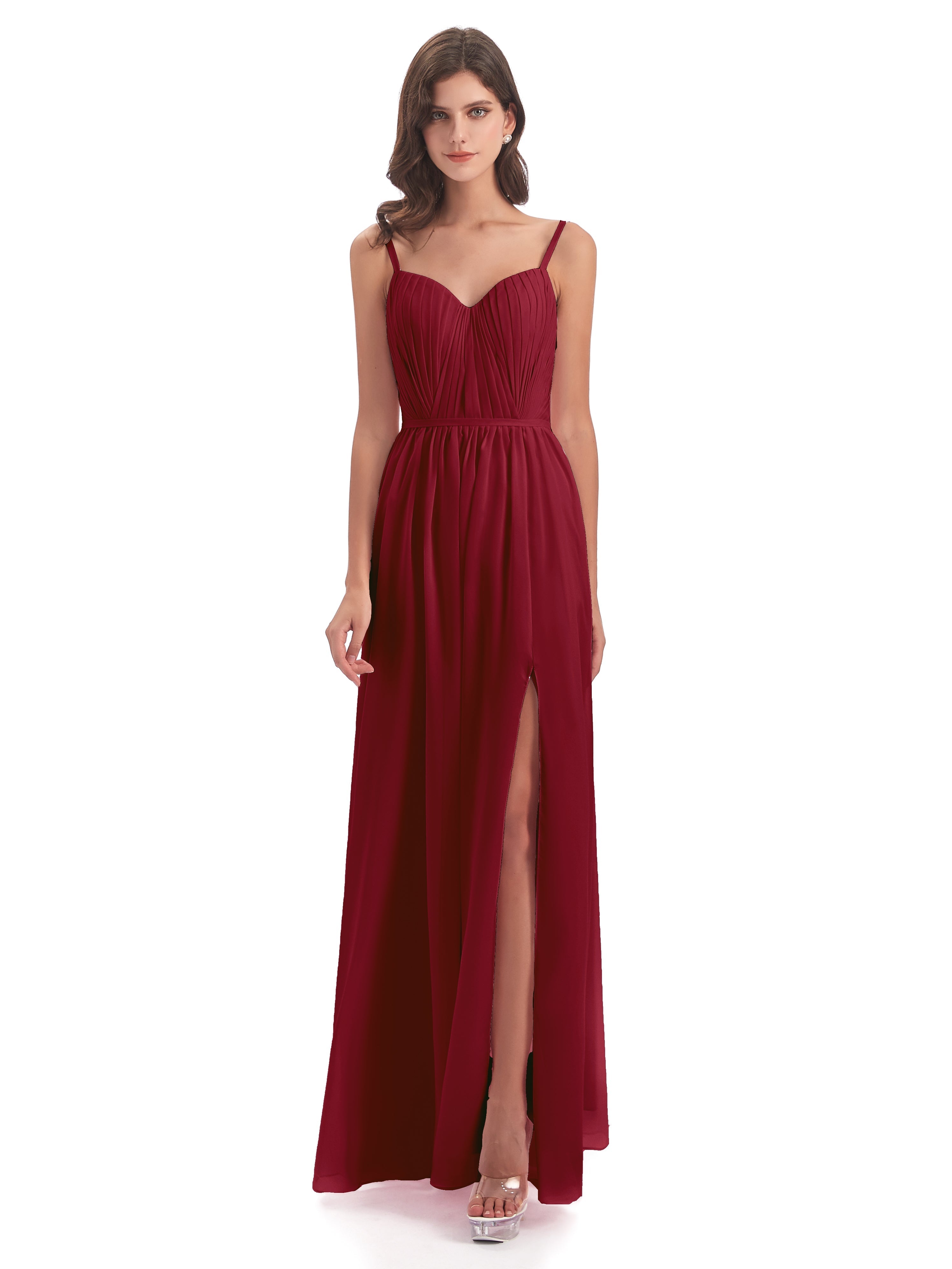 Robes De Demoiselle D'Honneur Couleur Bordeaux Bretelles Spaghetti Fendue Devant Robes Demoiselle D'Honneur