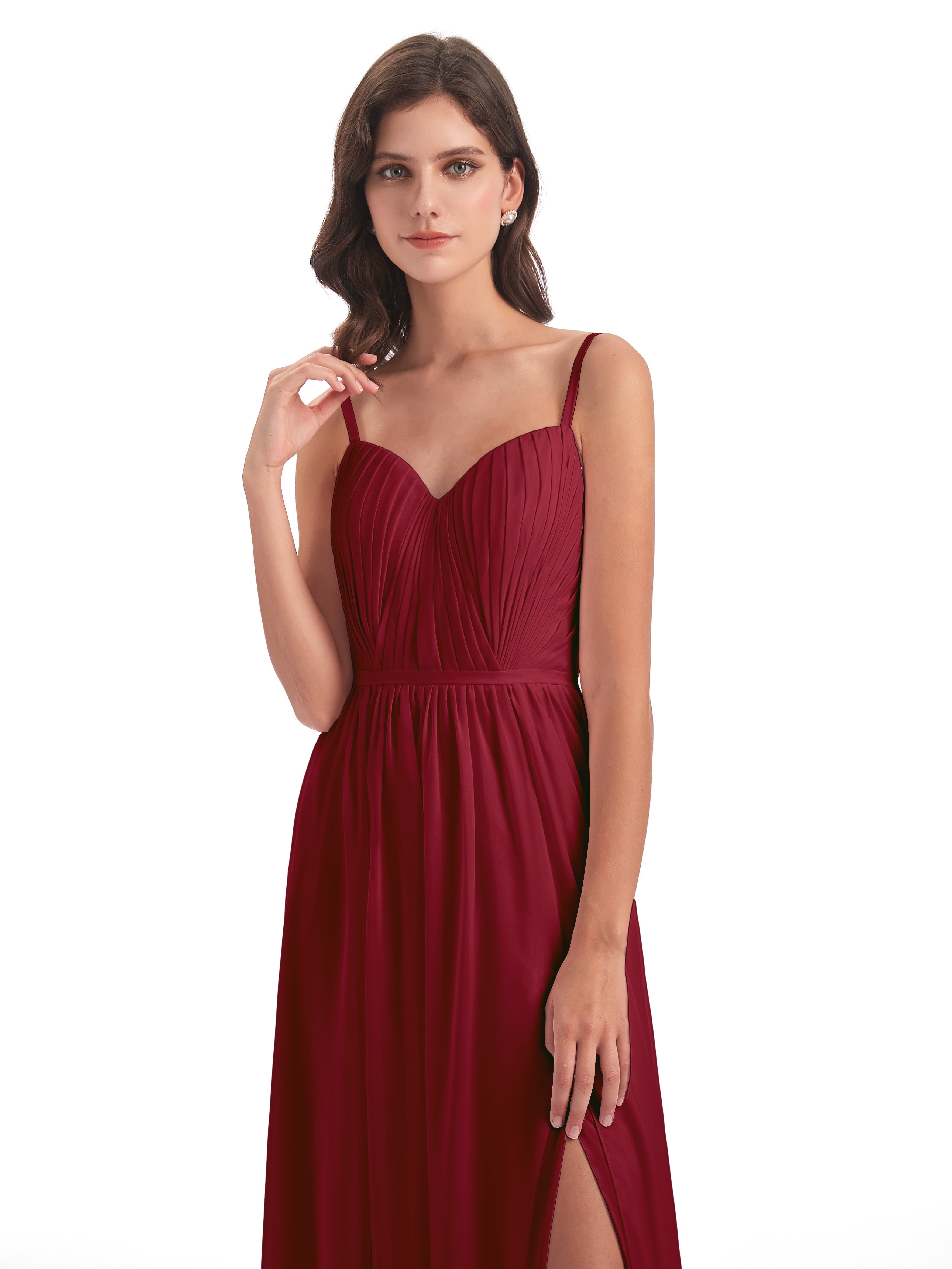 Robes De Demoiselle D'Honneur Couleur Bordeaux Bretelles Spaghetti Fendue Devant Robes Demoiselle D'Honneur