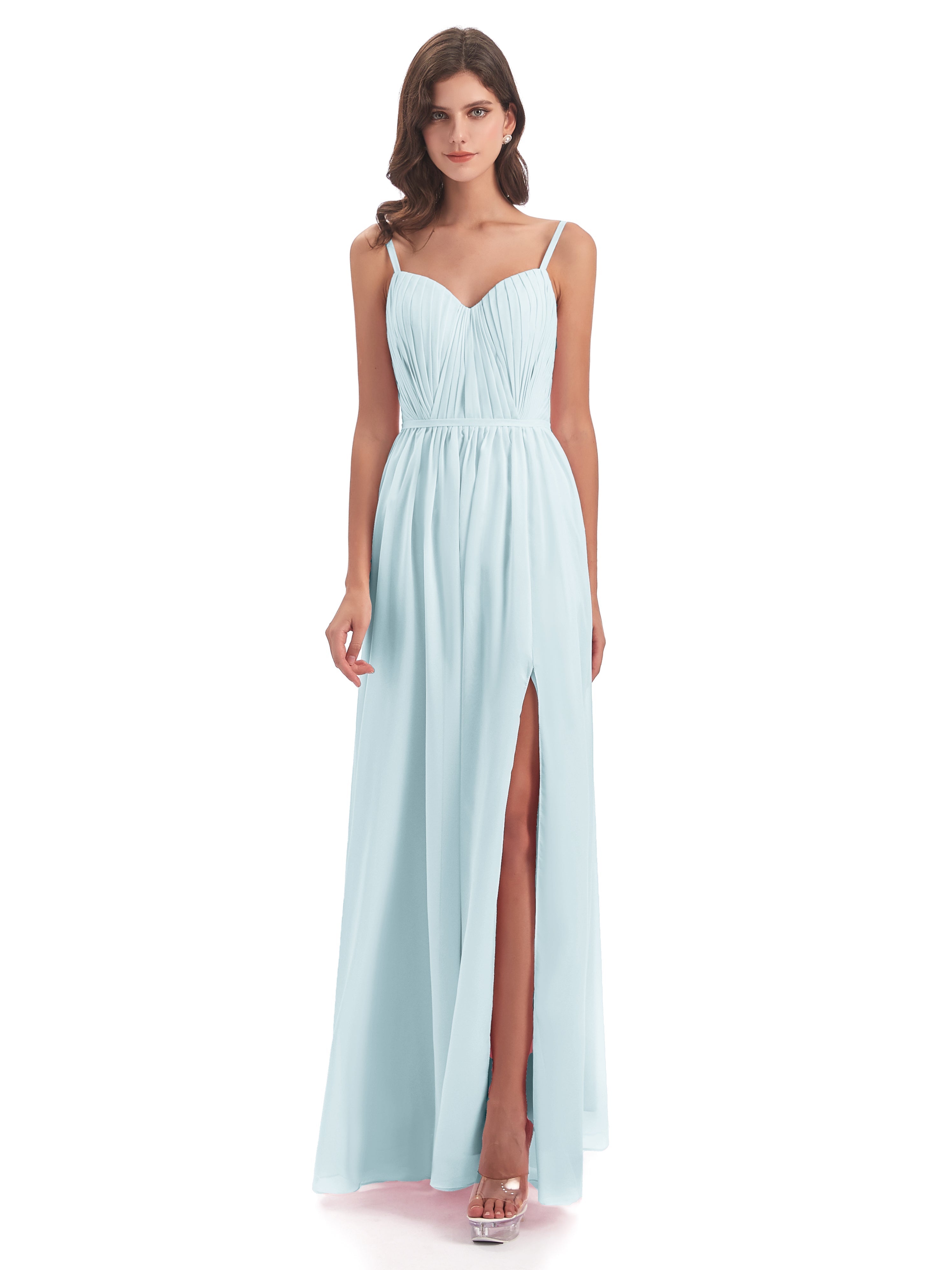Robe De Demoiselle D'Honneur Brume Bretelles Spaghetti Fendue Devant Robes Demoiselle D'Honneur