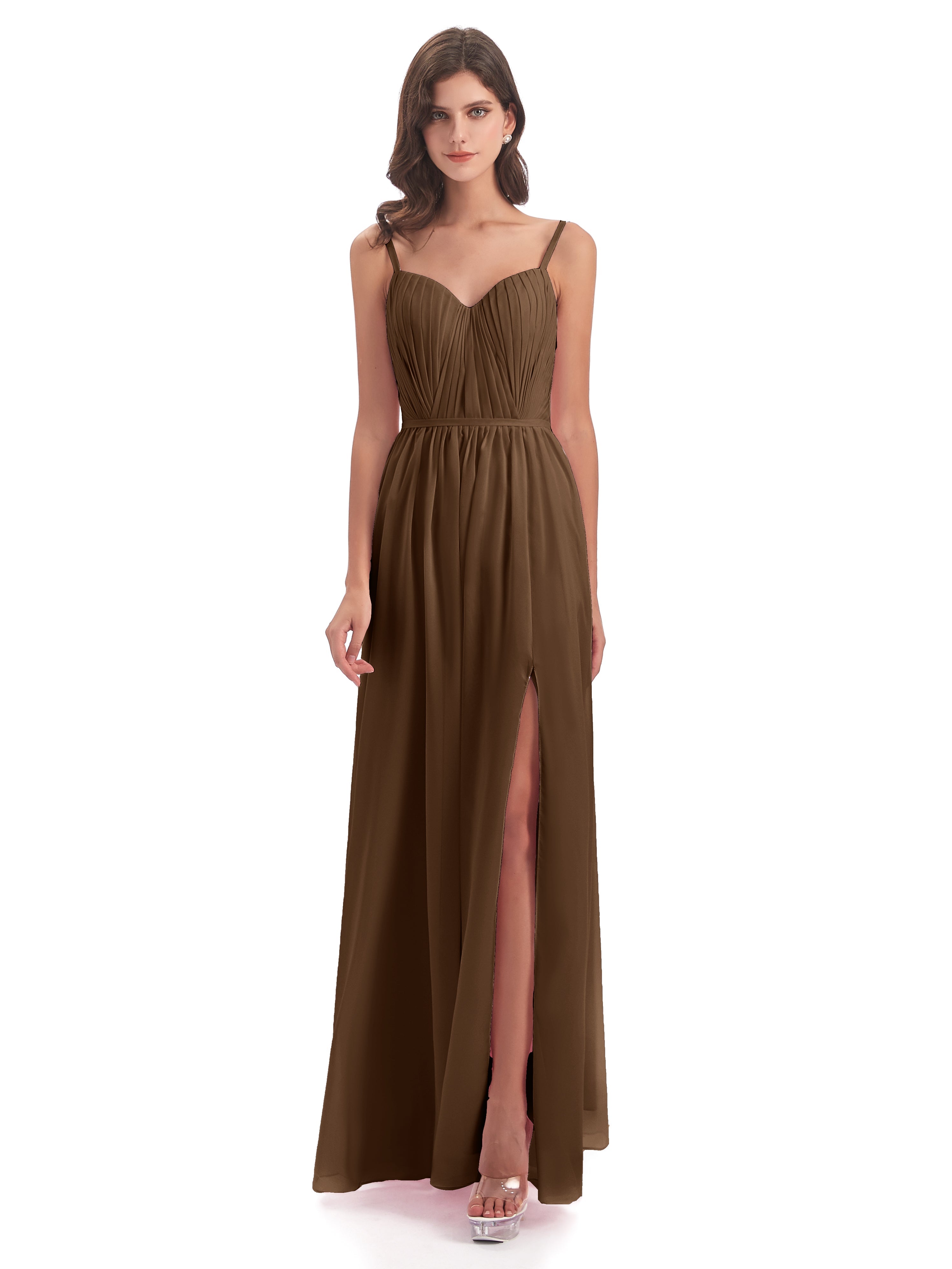 Robe Demoiselle D Honneur Brun Bretelles Spaghetti Fendue Devant Robes Demoiselle D'Honneur