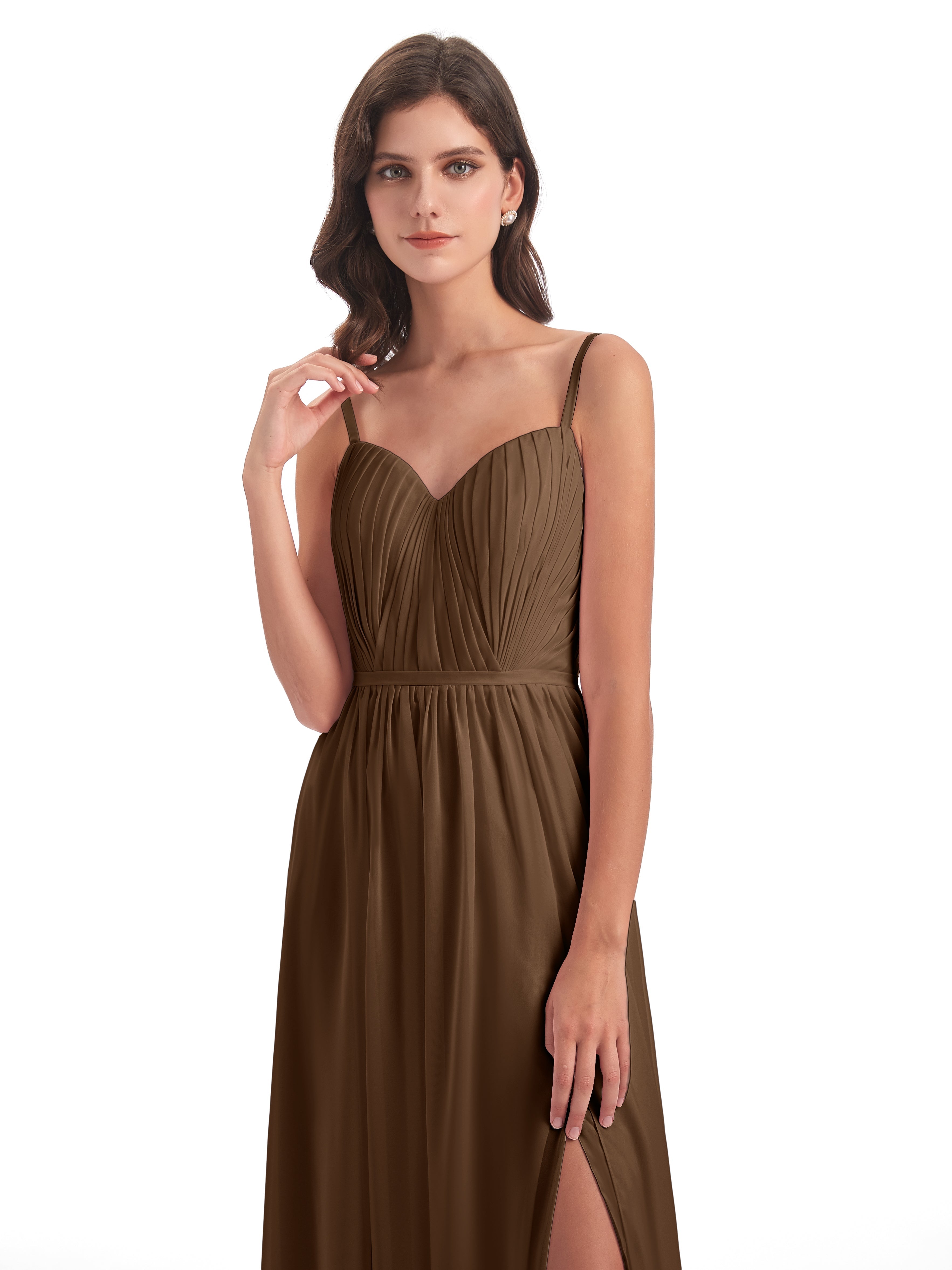 Robe Demoiselle D Honneur Brun Bretelles Spaghetti Fendue Devant Robes Demoiselle D'Honneur