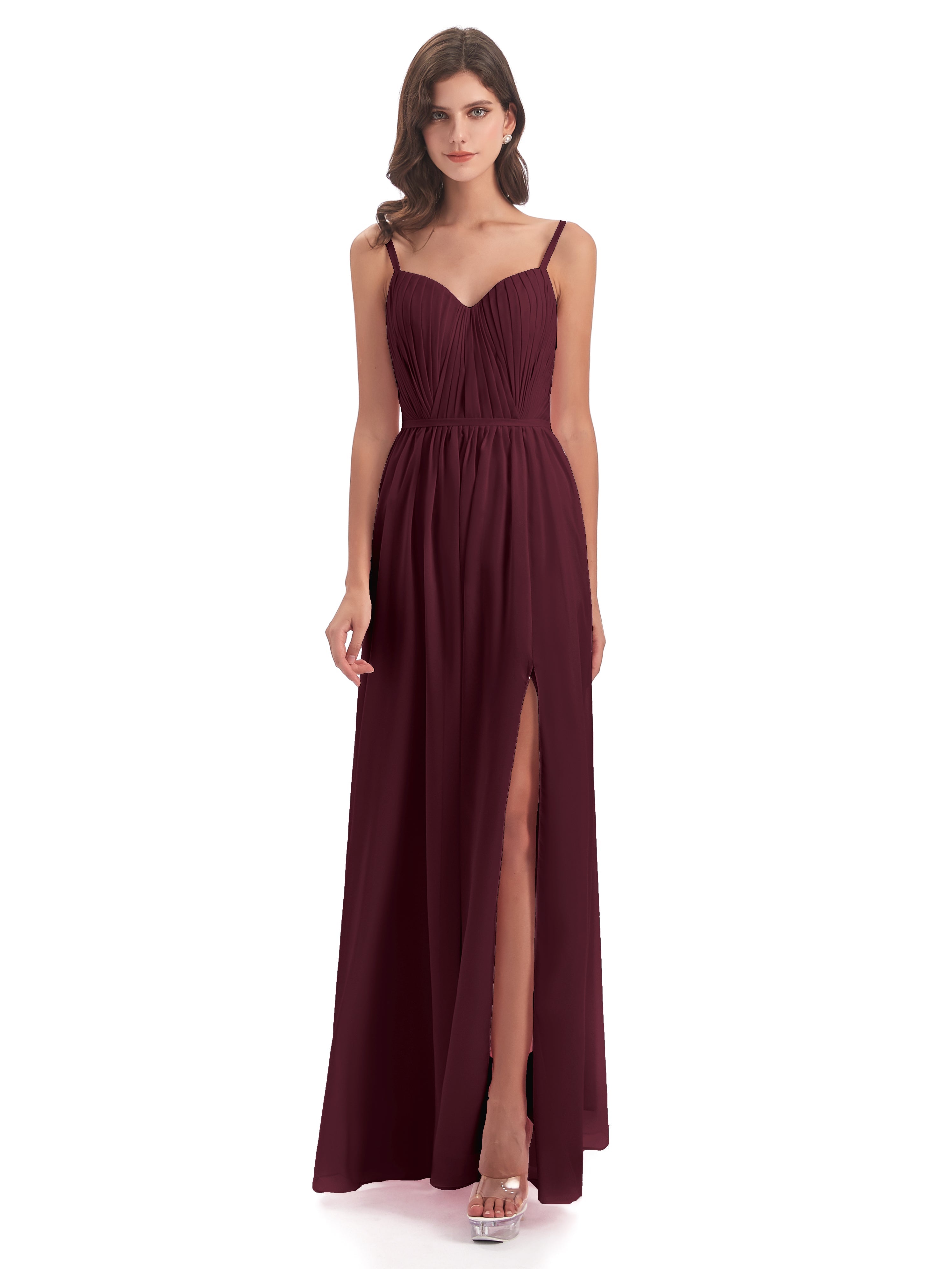 Robes De Demoiselle D'Honneur Cabernet Bretelles Spaghetti Fendue Devant Robes Demoiselle D'Honneur