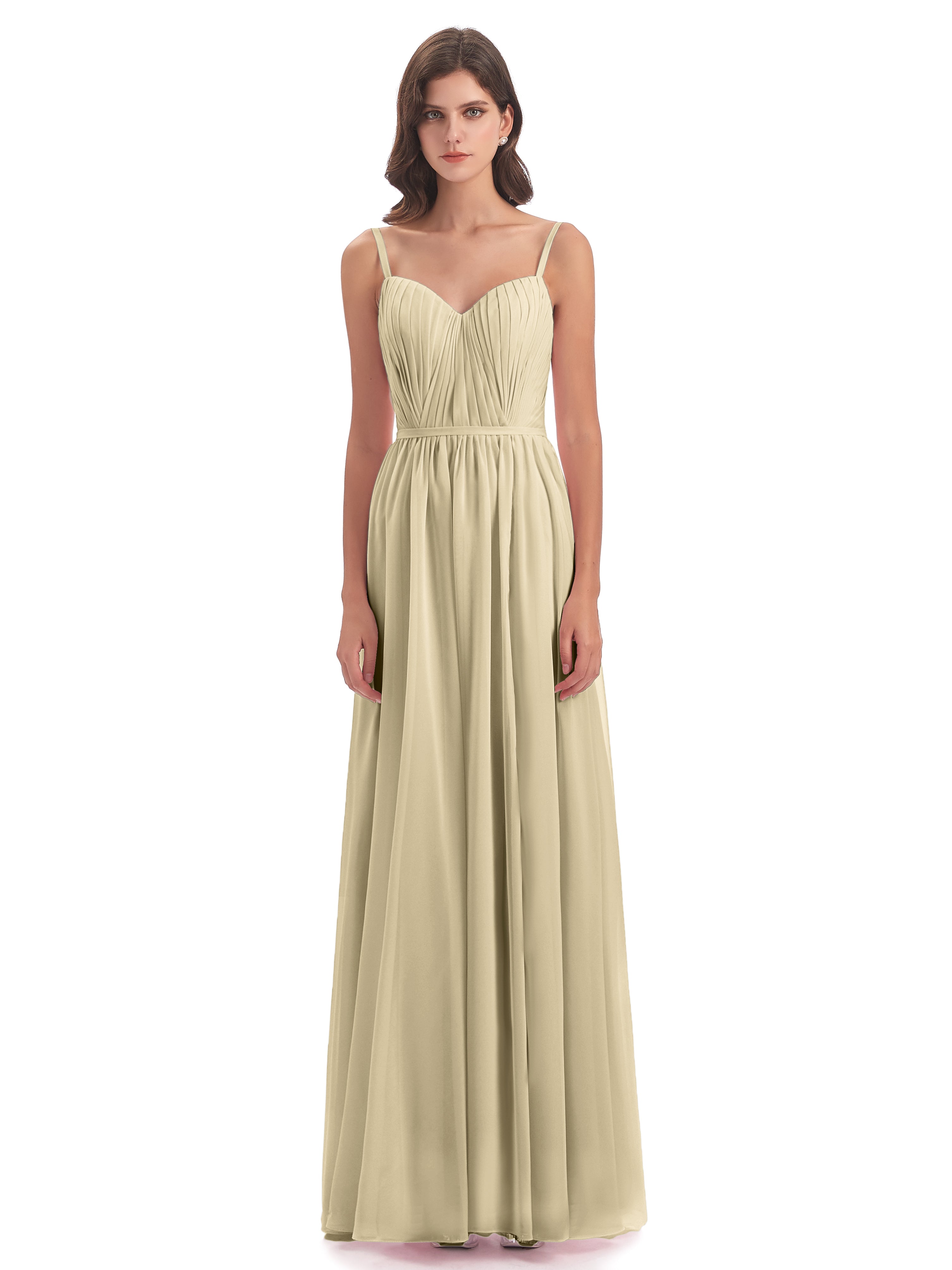 Robes De Demoiselle D'Honneur Champagne Longues Bretelles Spaghetti Fendue Devant Robes Demoiselle D'Honneur