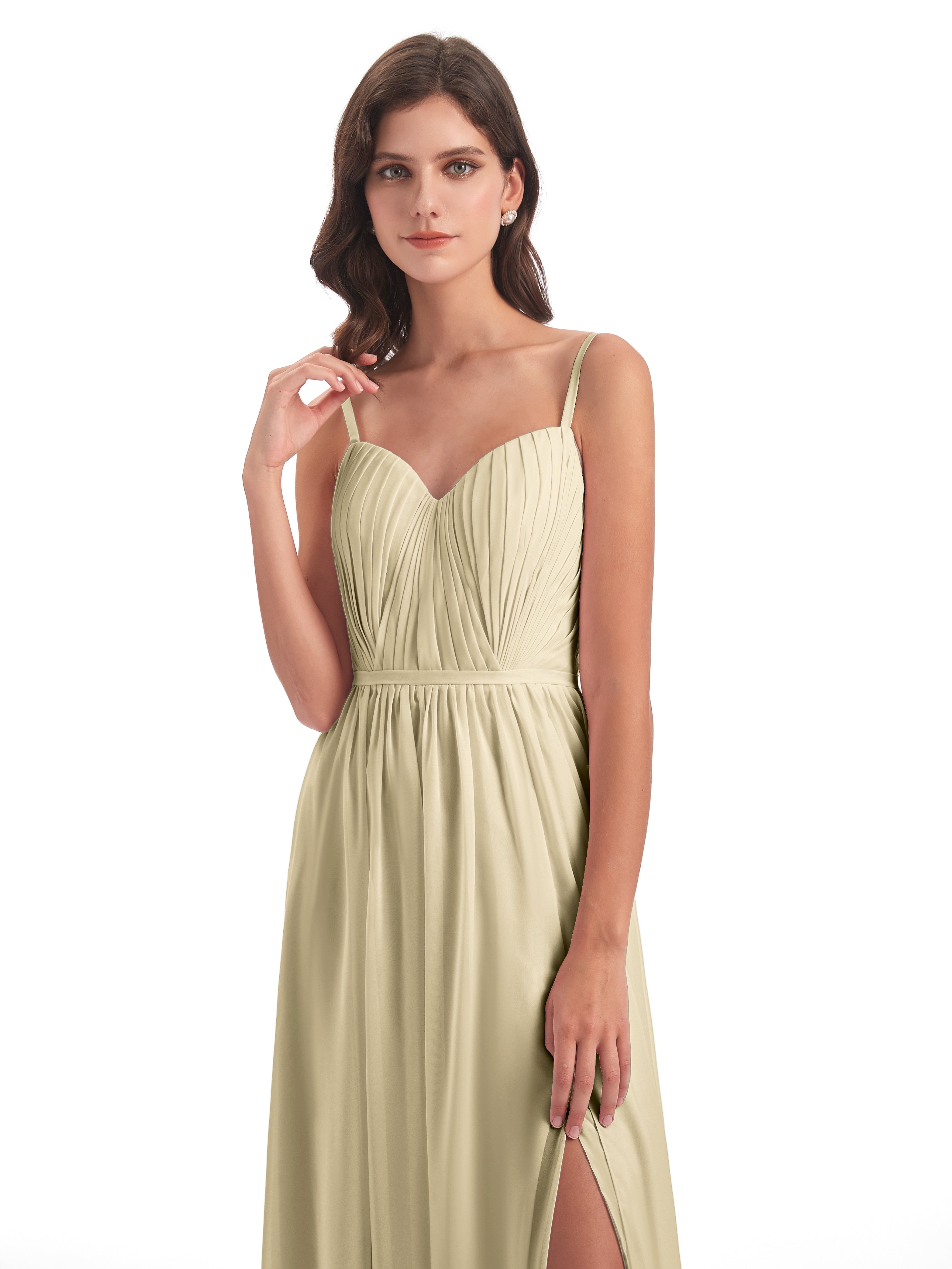 Robes De Demoiselle D'Honneur Champagne Longues Bretelles Spaghetti Fendue Devant Robes Demoiselle D'Honneur