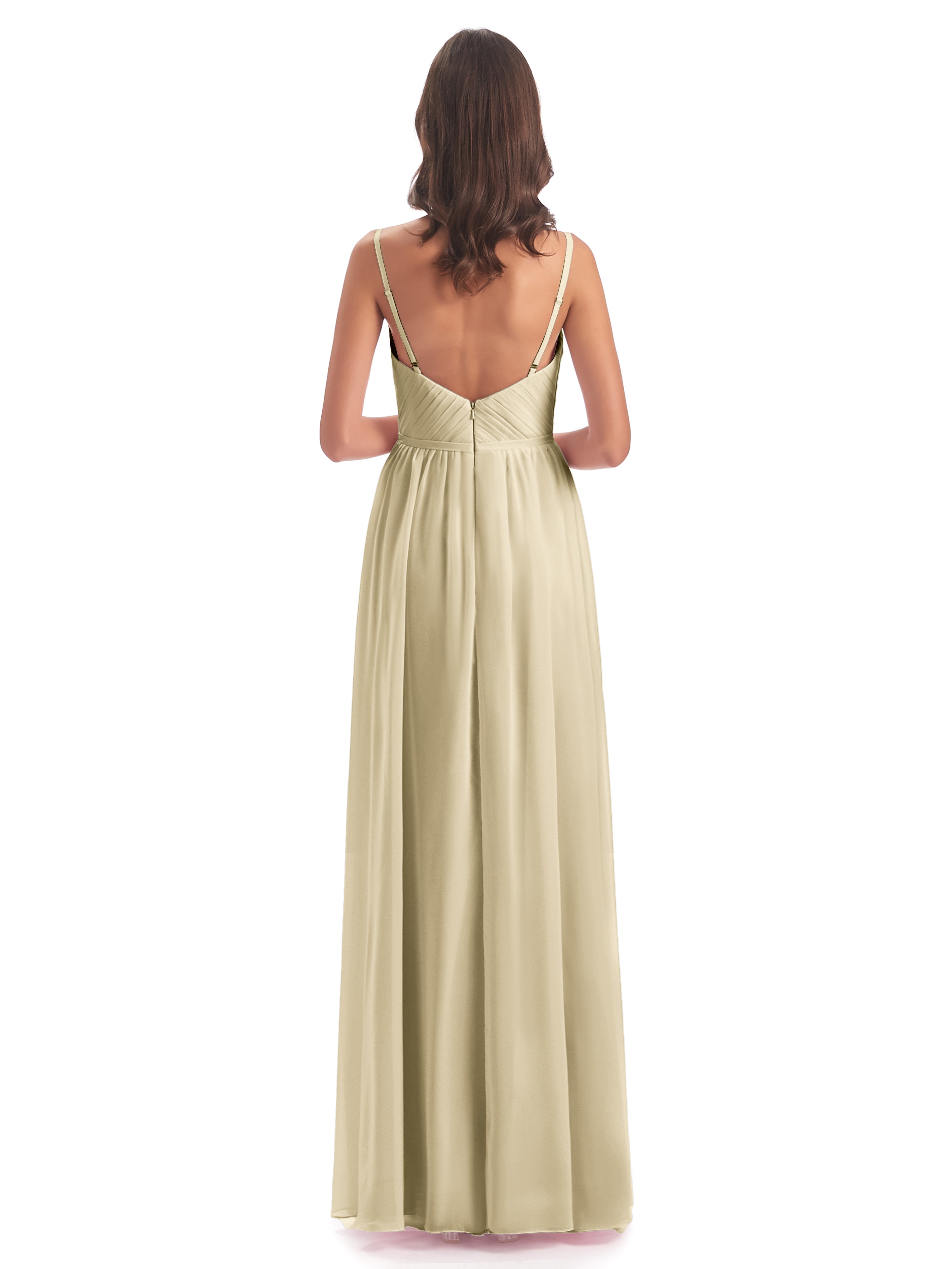 Robes De Demoiselle D'Honneur Champagne Longues Bretelles Spaghetti Fendue Devant Robes Demoiselle D'Honneur