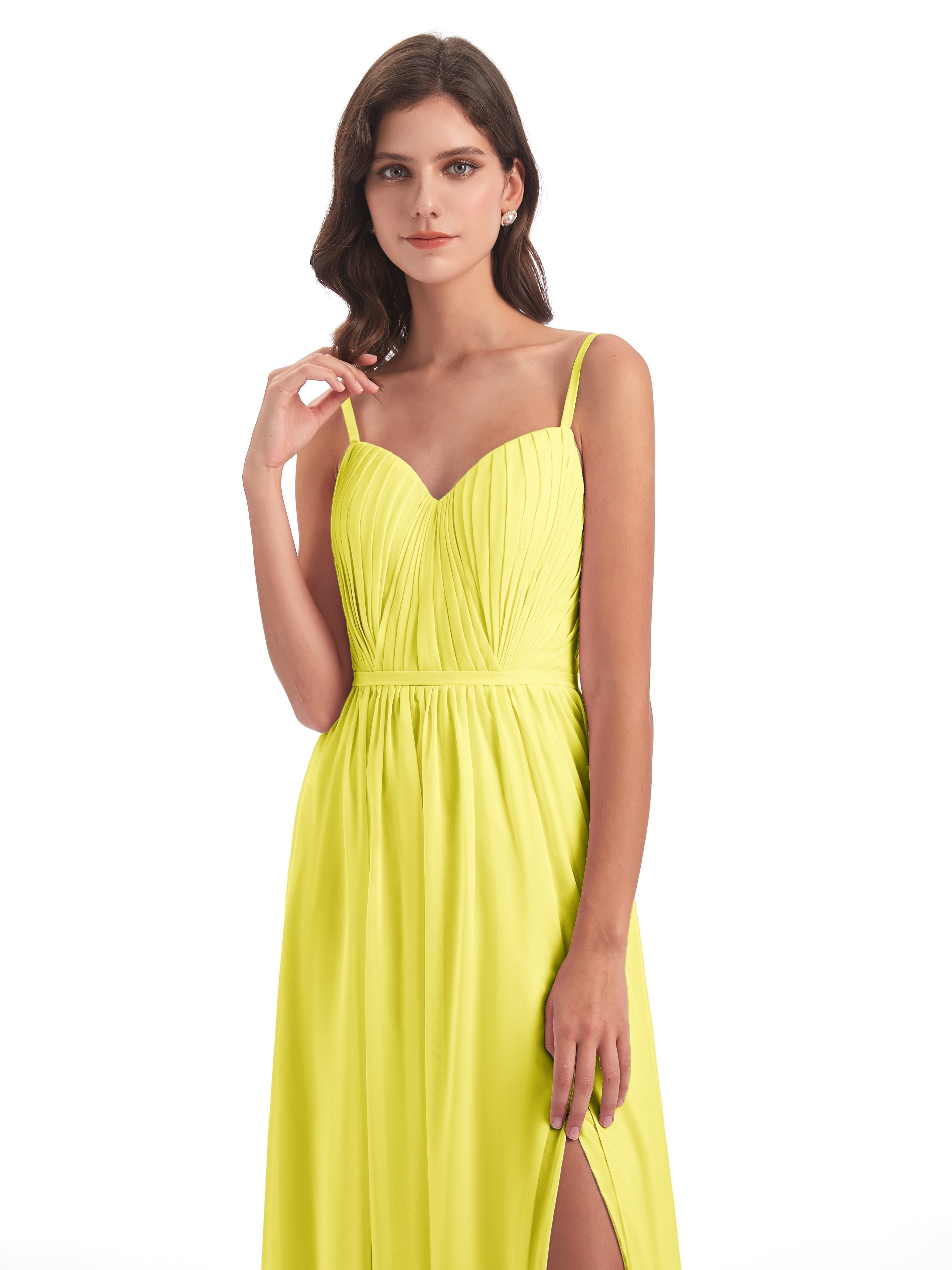 Robes De Demoiselle D'Honneur Citron Bretelles Spaghetti Fendue Devant Robes Demoiselle D'Honneur