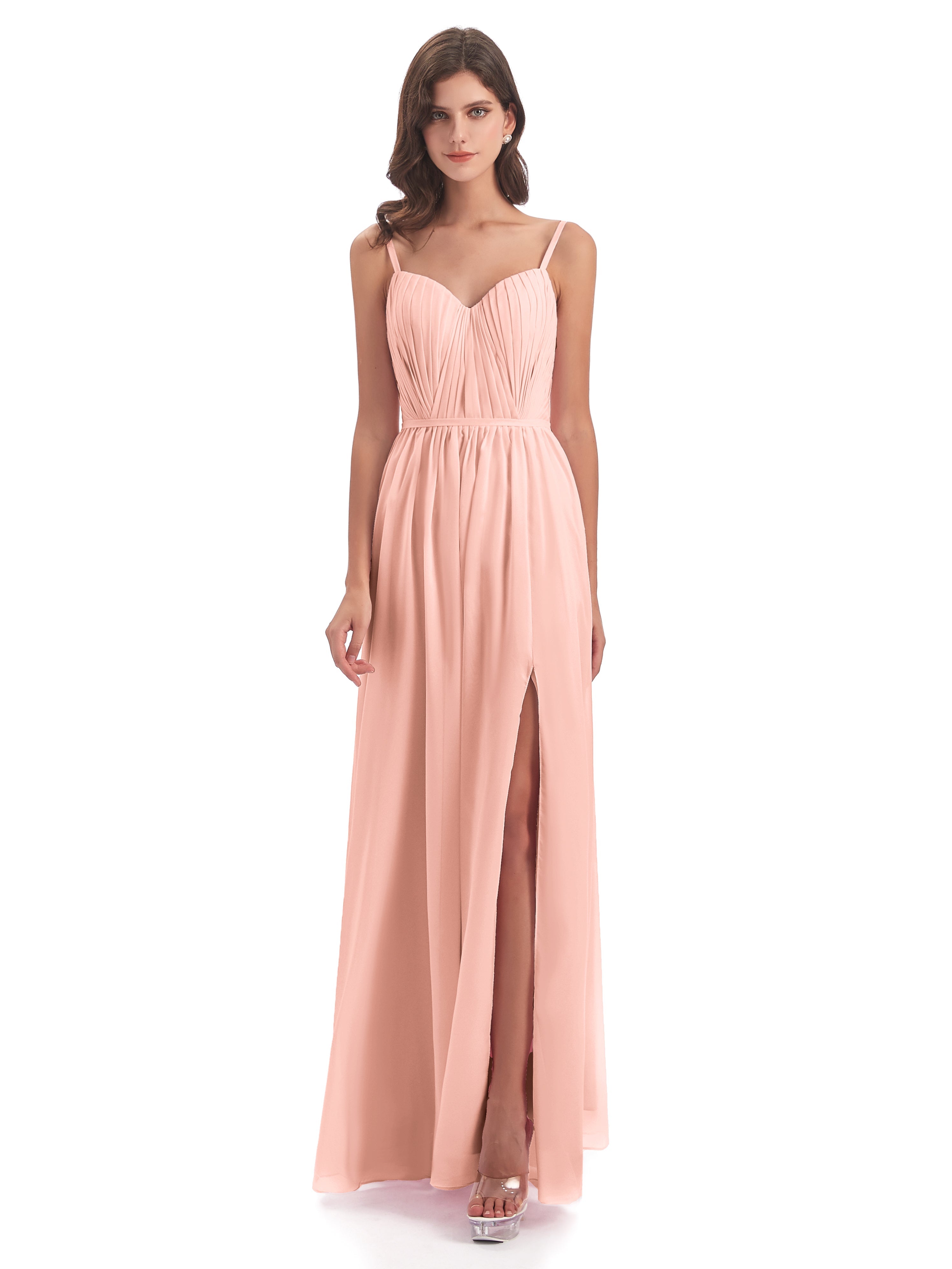 Robe Demoiselle Honneur Corail Bretelles Spaghetti Fendue Devant Robes Demoiselle D'Honneur