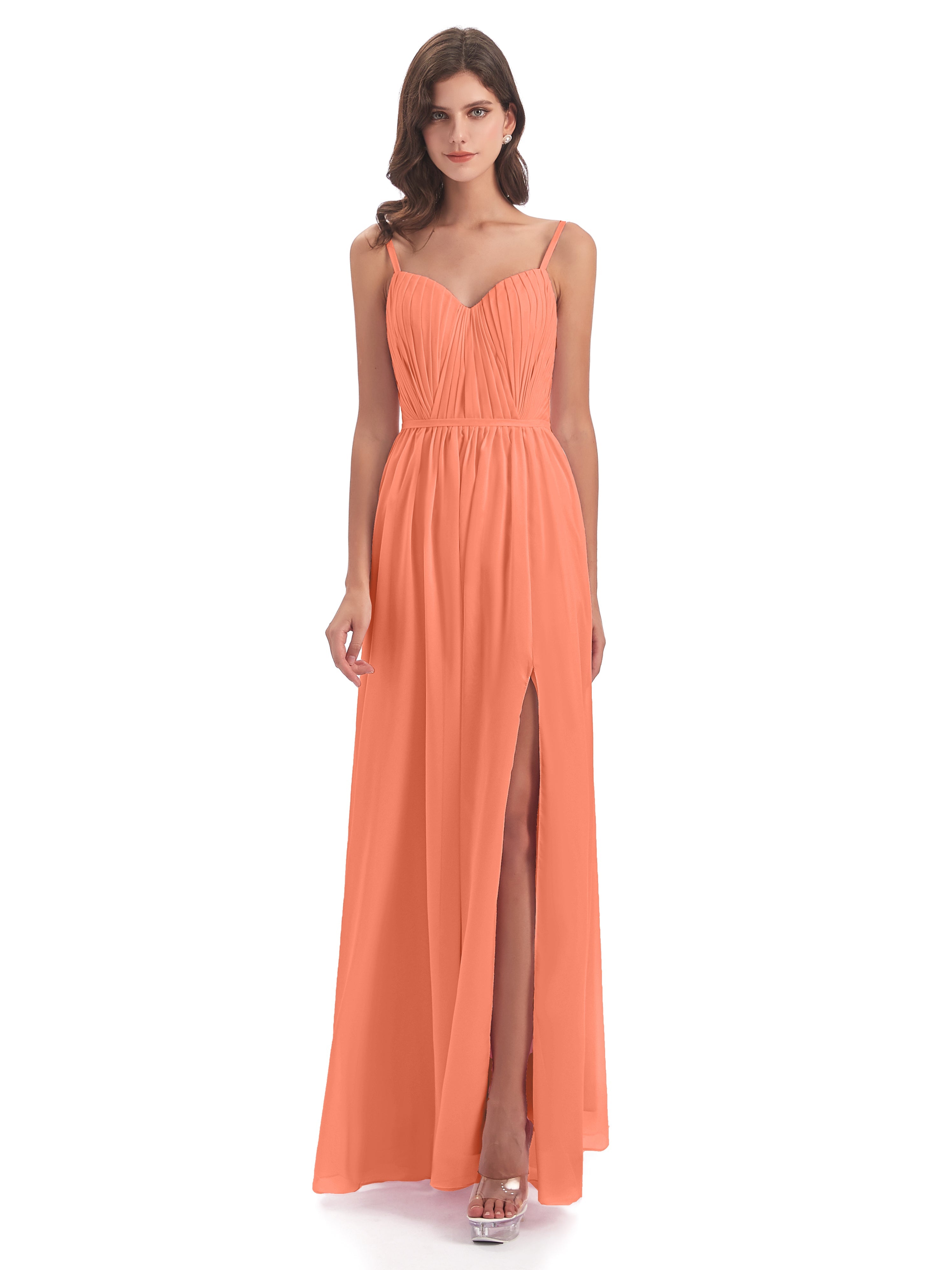 Robes De Demoiselle D'Honneur Coucher De Soleil Bretelles Spaghetti Fendue Devant Robes Demoiselle D'Honneur