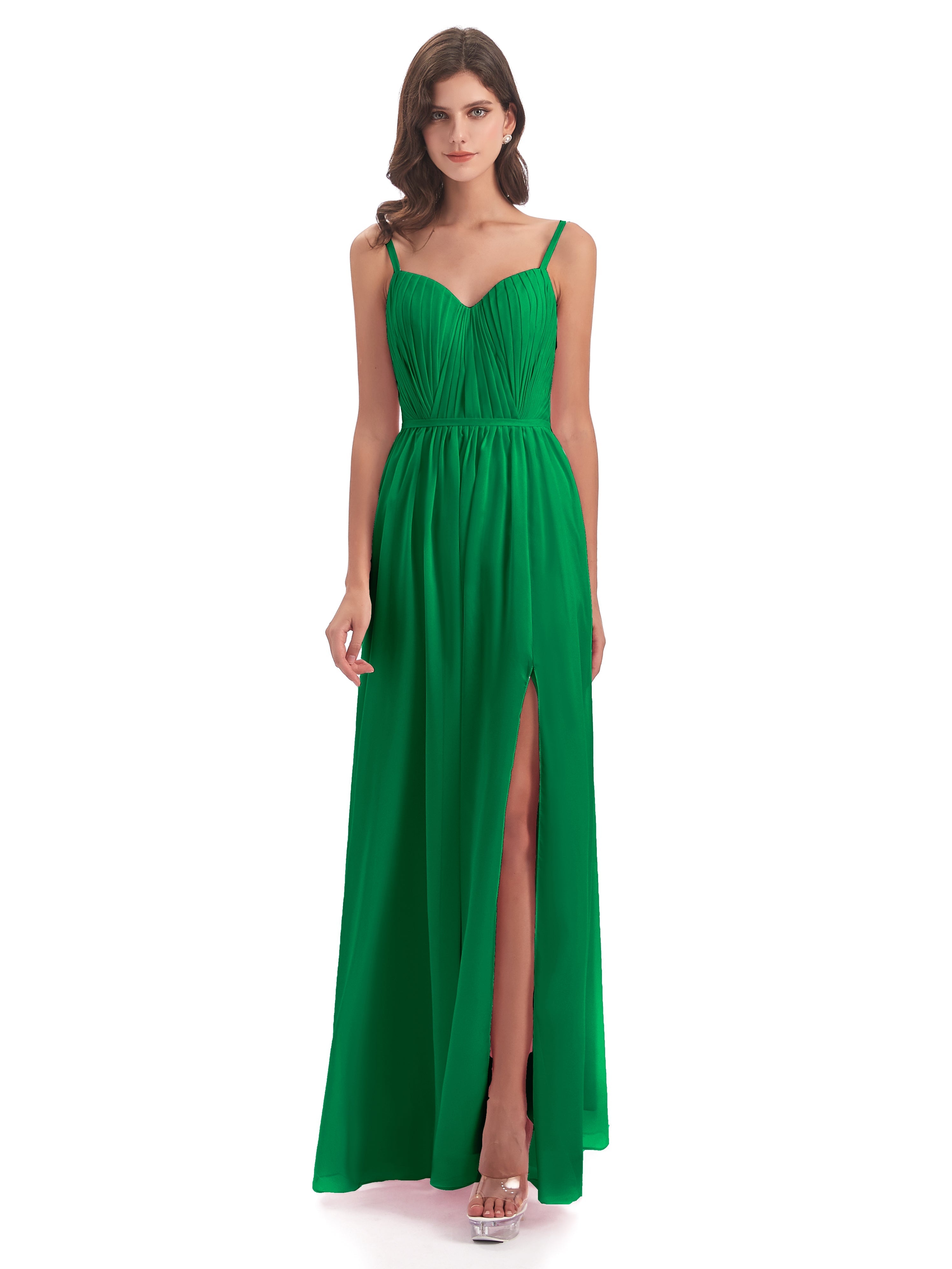 Robes De Demoiselle D'Honneur Vert Émeraude Foncé Bretelles Spaghetti Fendue Devant Robes Demoiselle D'Honneur