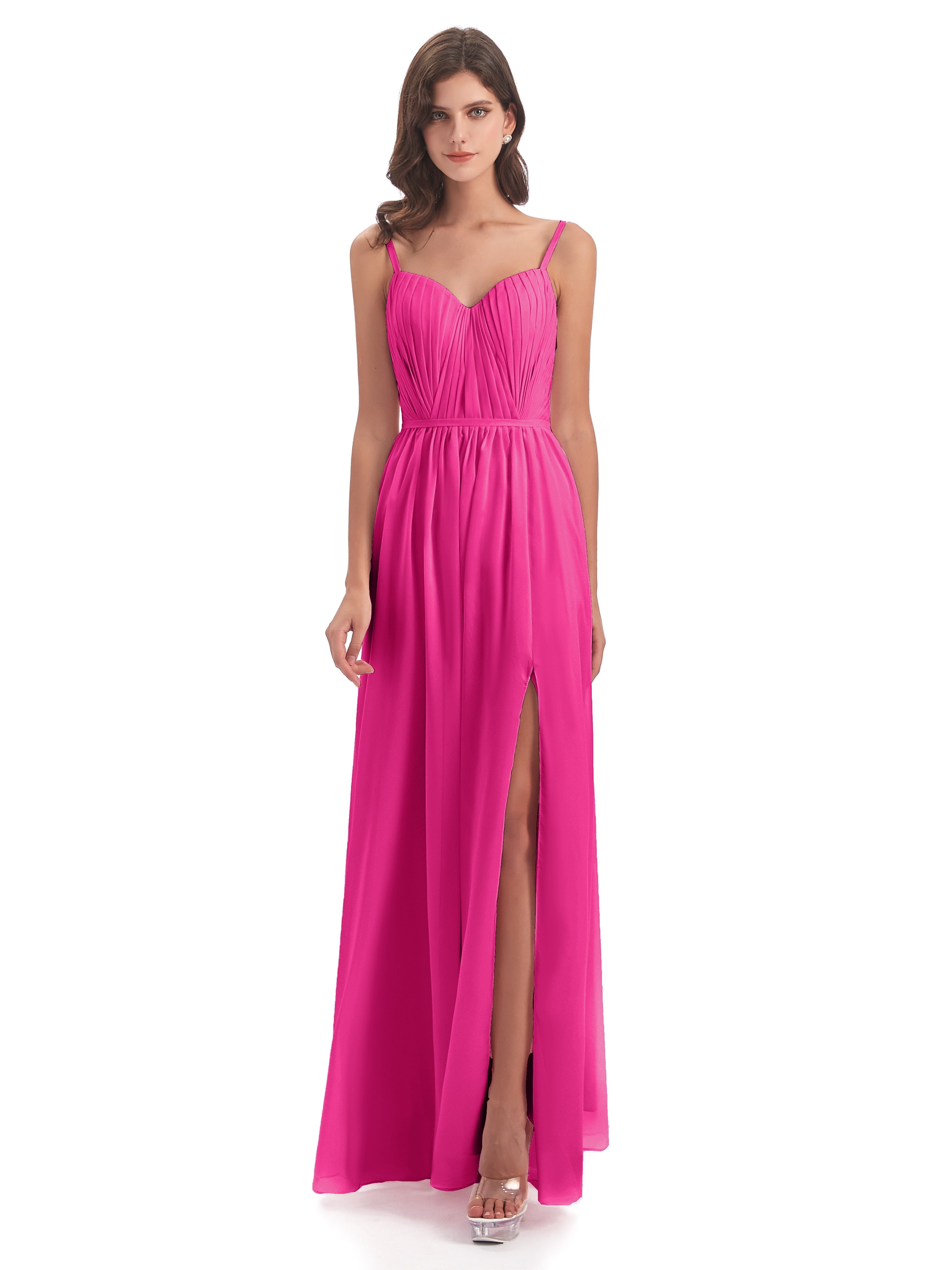Robes De Demoiselle D'Honneur Couleur Fuchsia Rose Bretelles Spaghetti Fendue Devant Robes Demoiselle D'Honneur