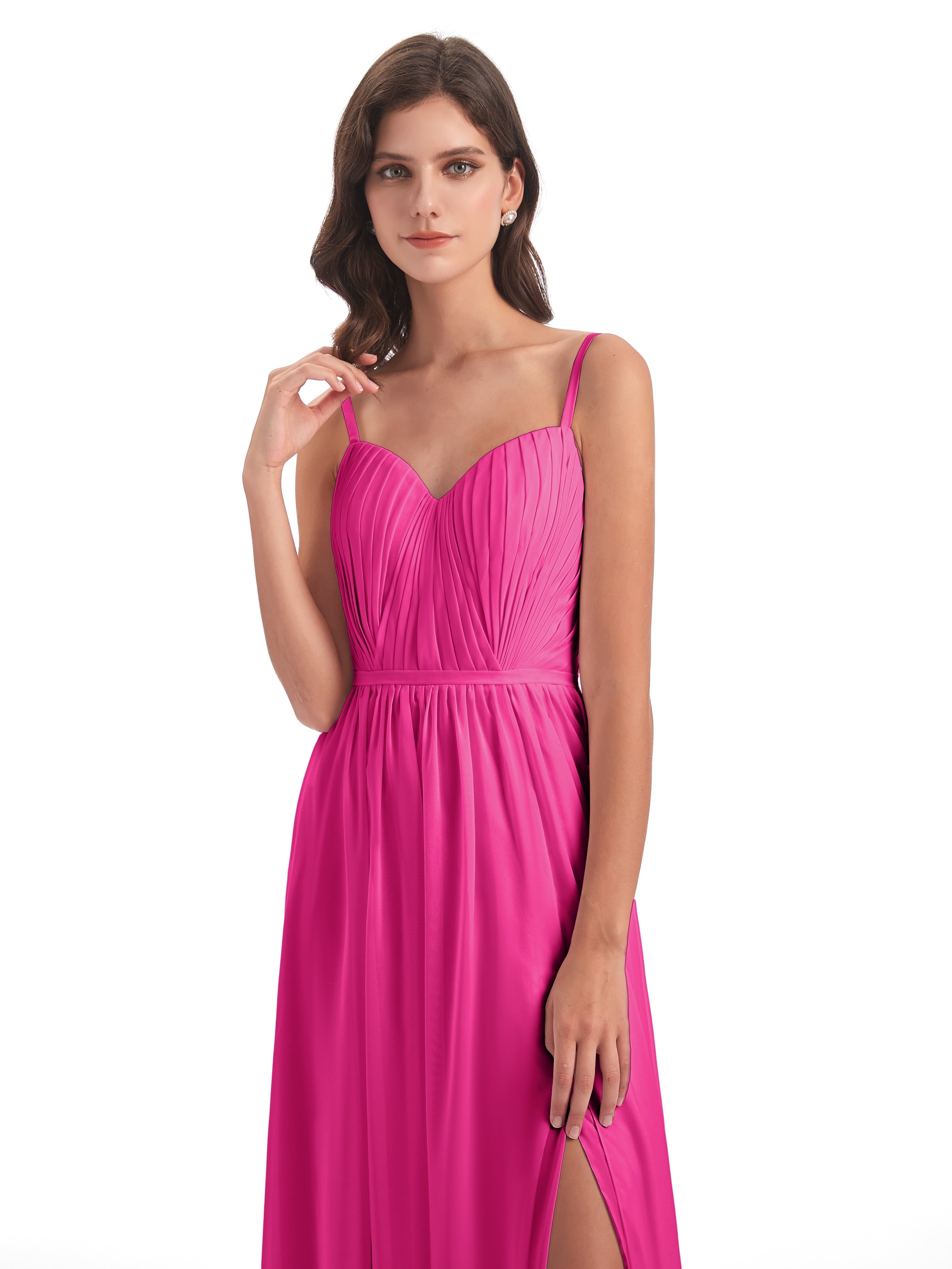Robes De Demoiselle D'Honneur Couleur Fuchsia Rose Bretelles Spaghetti Fendue Devant Robes Demoiselle D'Honneur
