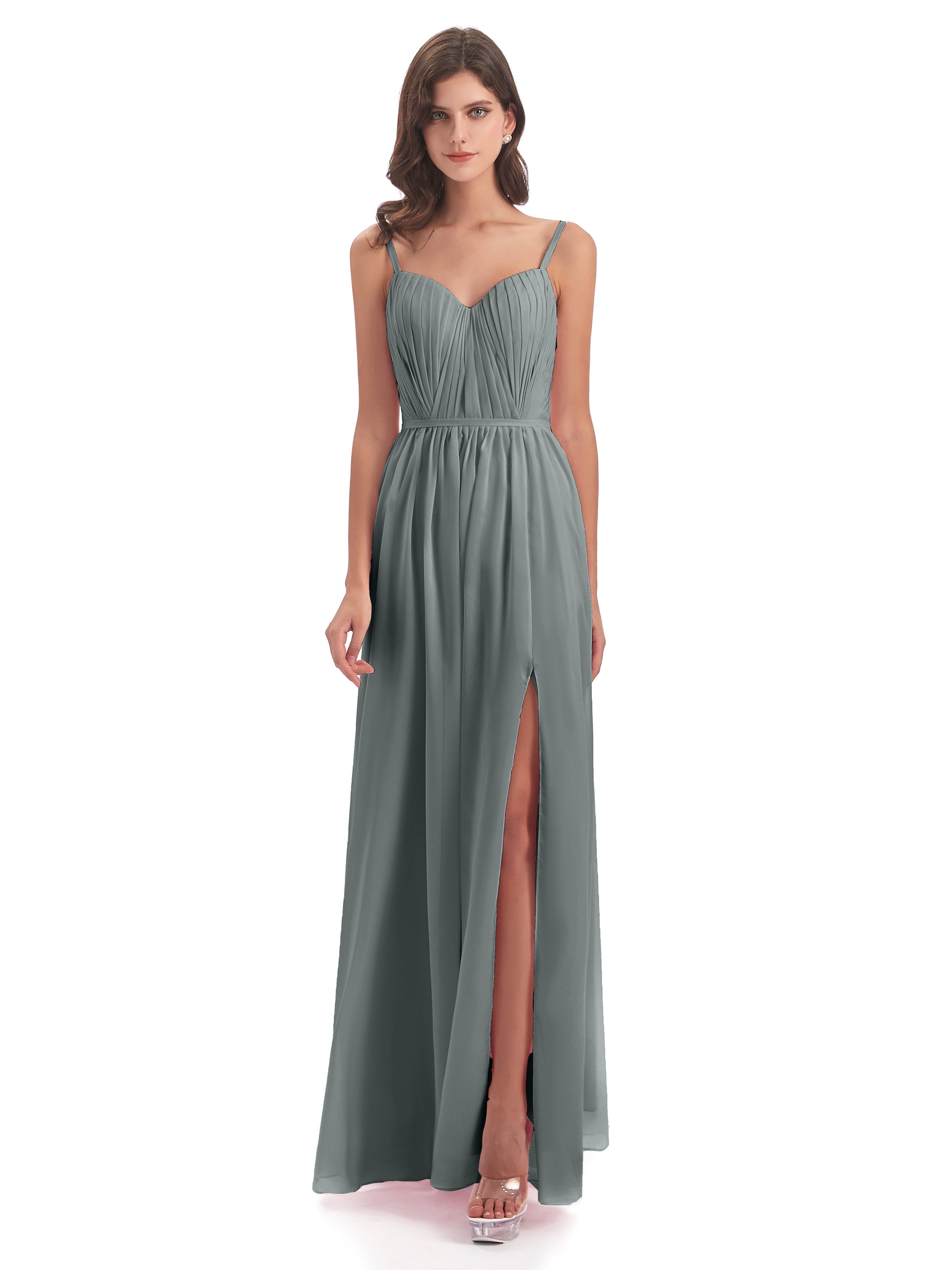 Robe Demoiselle D Honneur Grise Bretelles Spaghetti Fendue Devant Robes Demoiselle D'Honneur