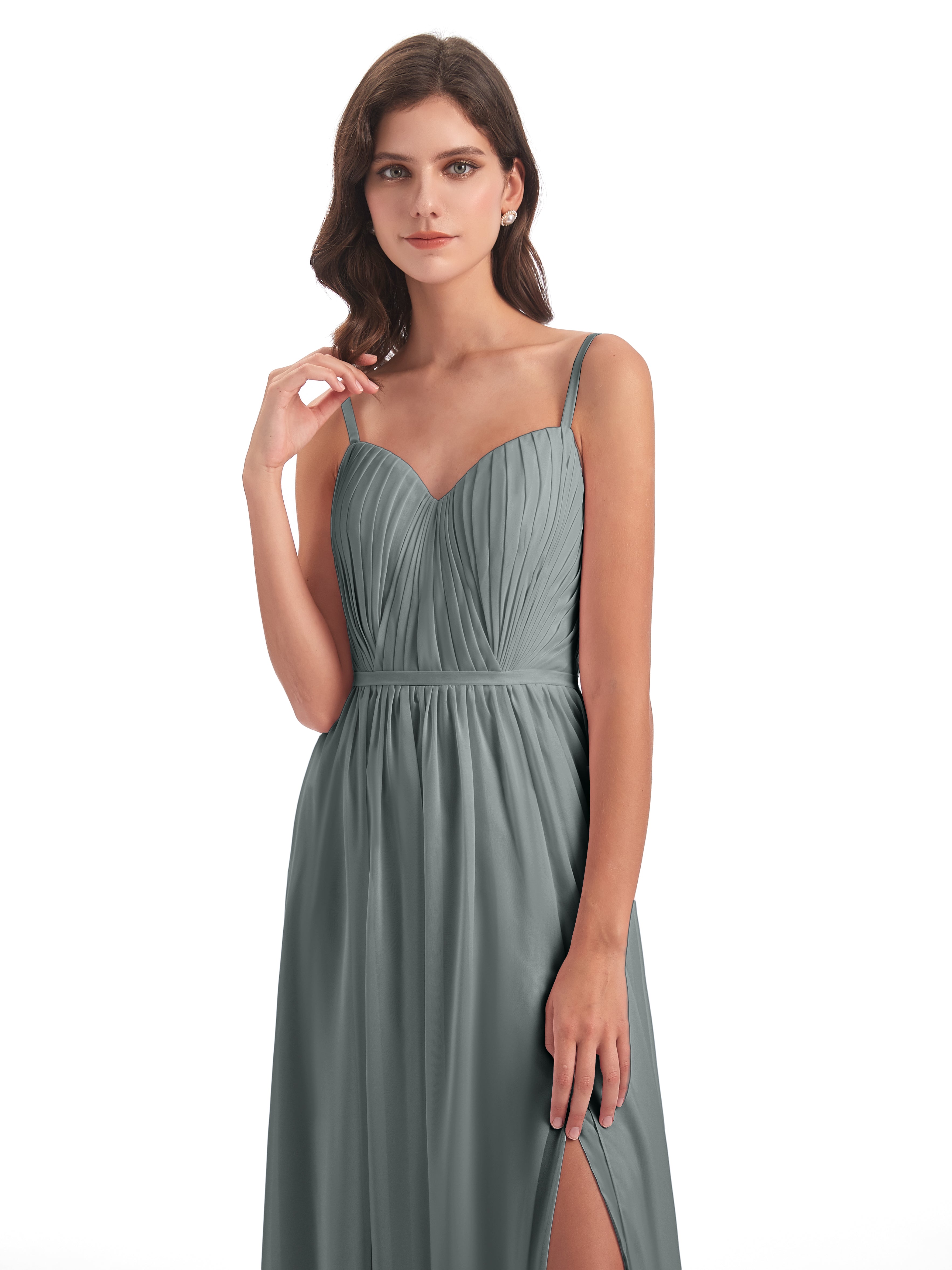 Robe Demoiselle D Honneur Grise Bretelles Spaghetti Fendue Devant Robes Demoiselle D'Honneur