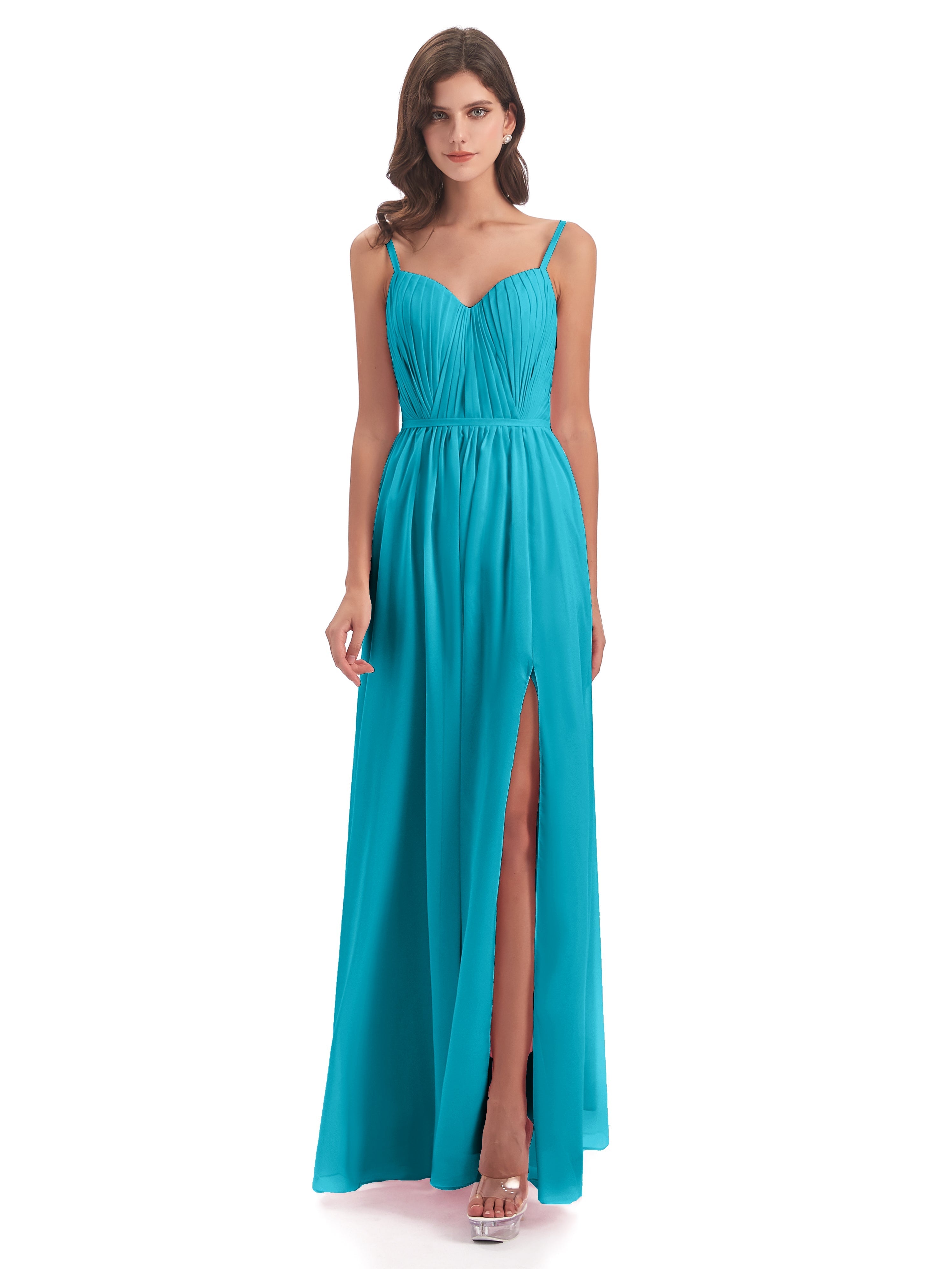 Robes De Demoiselle D'Honneur Vert Jade Bretelles Spaghetti Fendue Devant Robes Demoiselle D'Honneur