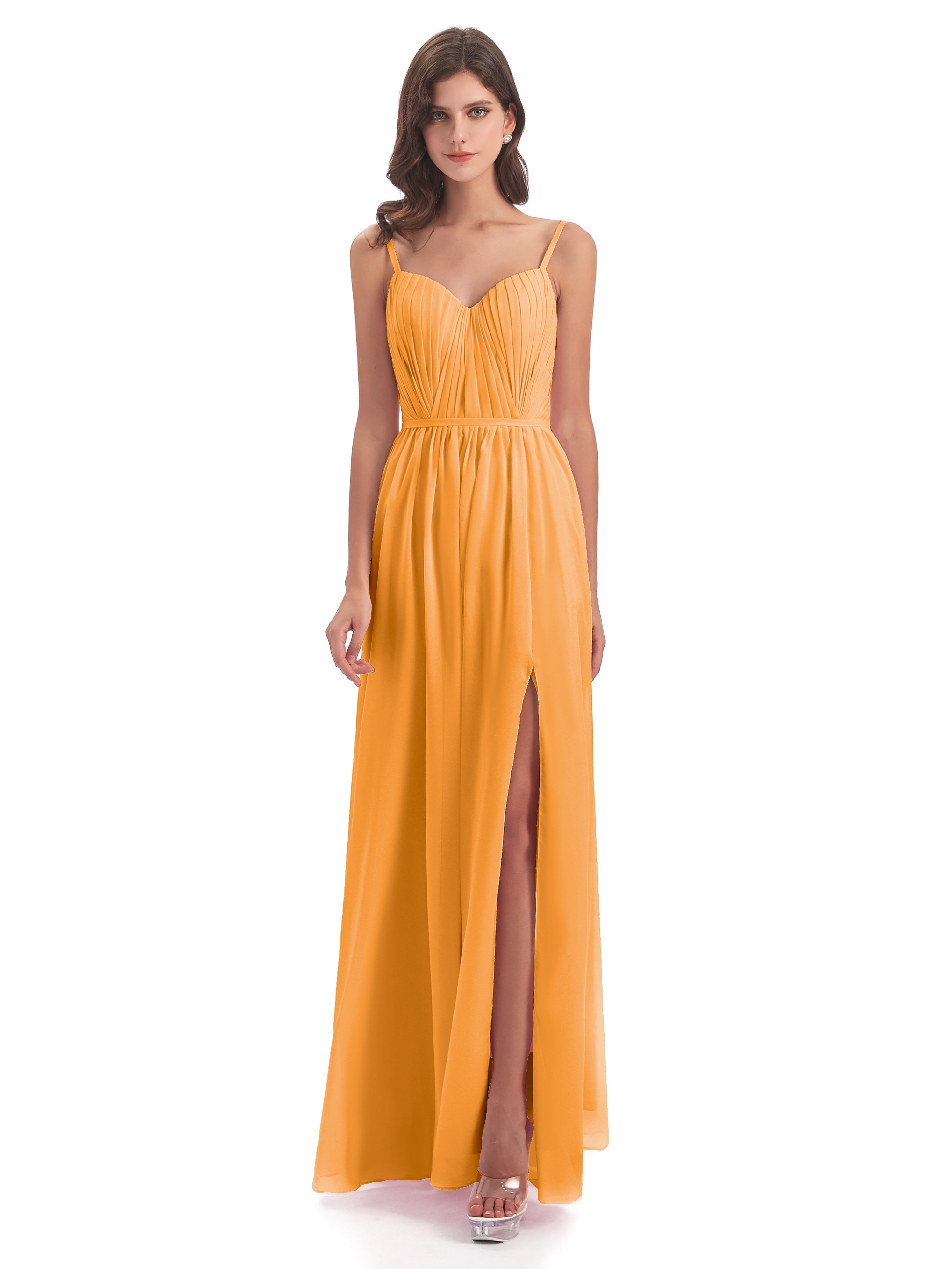 Robes De Demoiselle D'Honneur Mandarine Bretelles Spaghetti Fendue Devant Robes Demoiselle D'Honneur