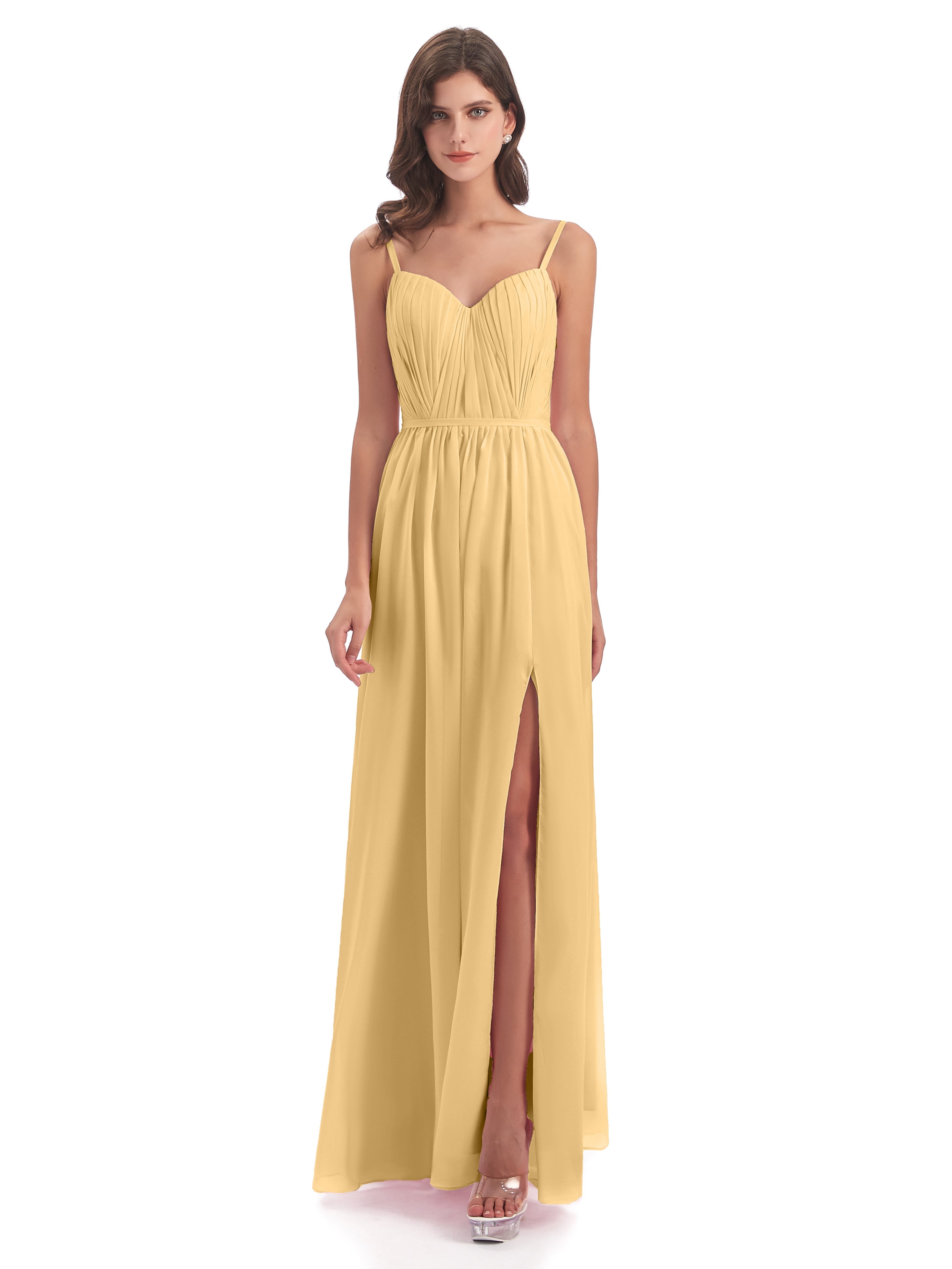Robe De Demoiselle D'Honneur En Or Bretelles Spaghetti Fendue Devant Robes Demoiselle D'Honneur
