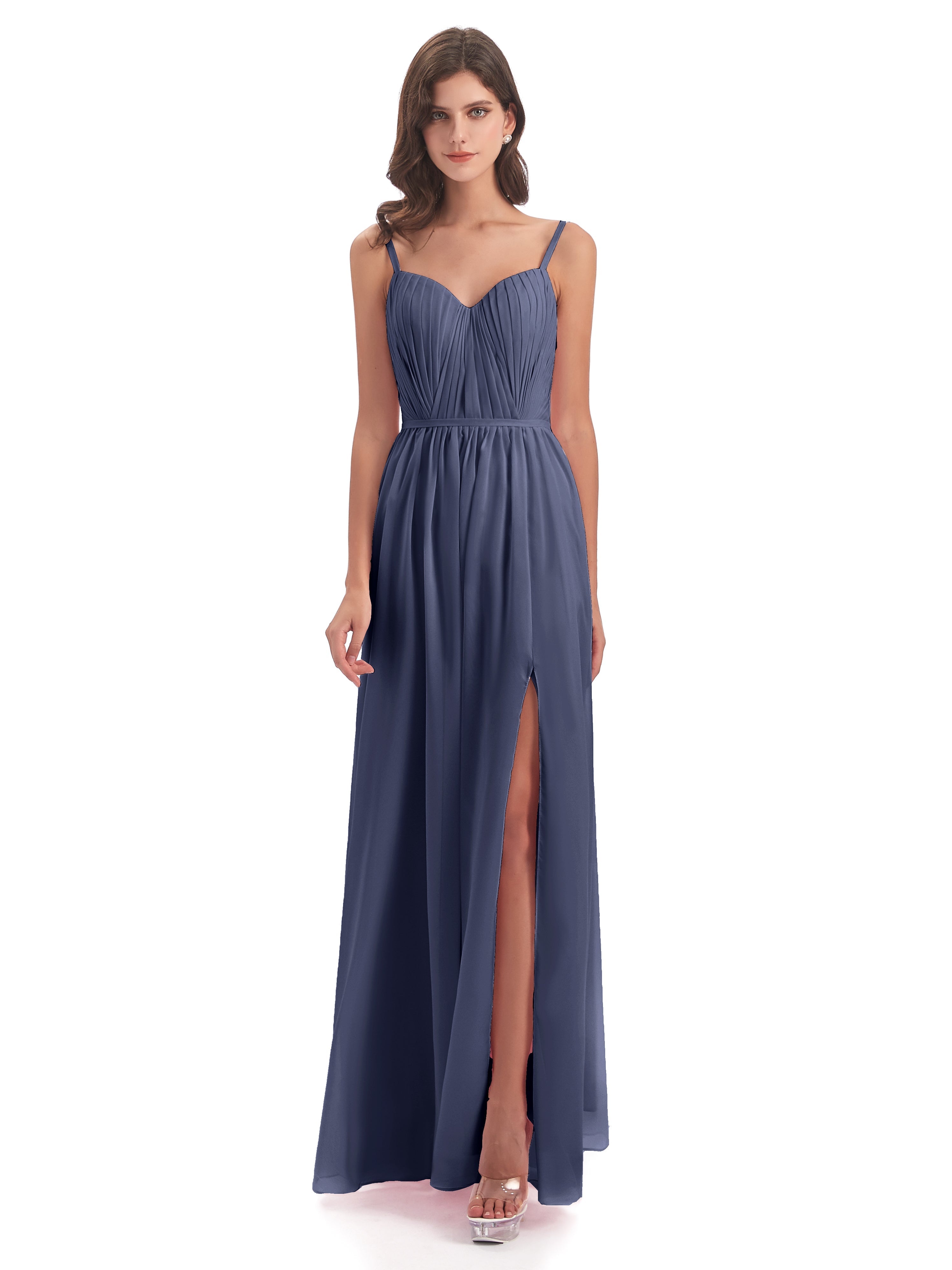 Robes De Demoiselle D'Honneur Bleu Orageux Bretelles Spaghetti Fendue Devant Robes Demoiselle D'Honneur