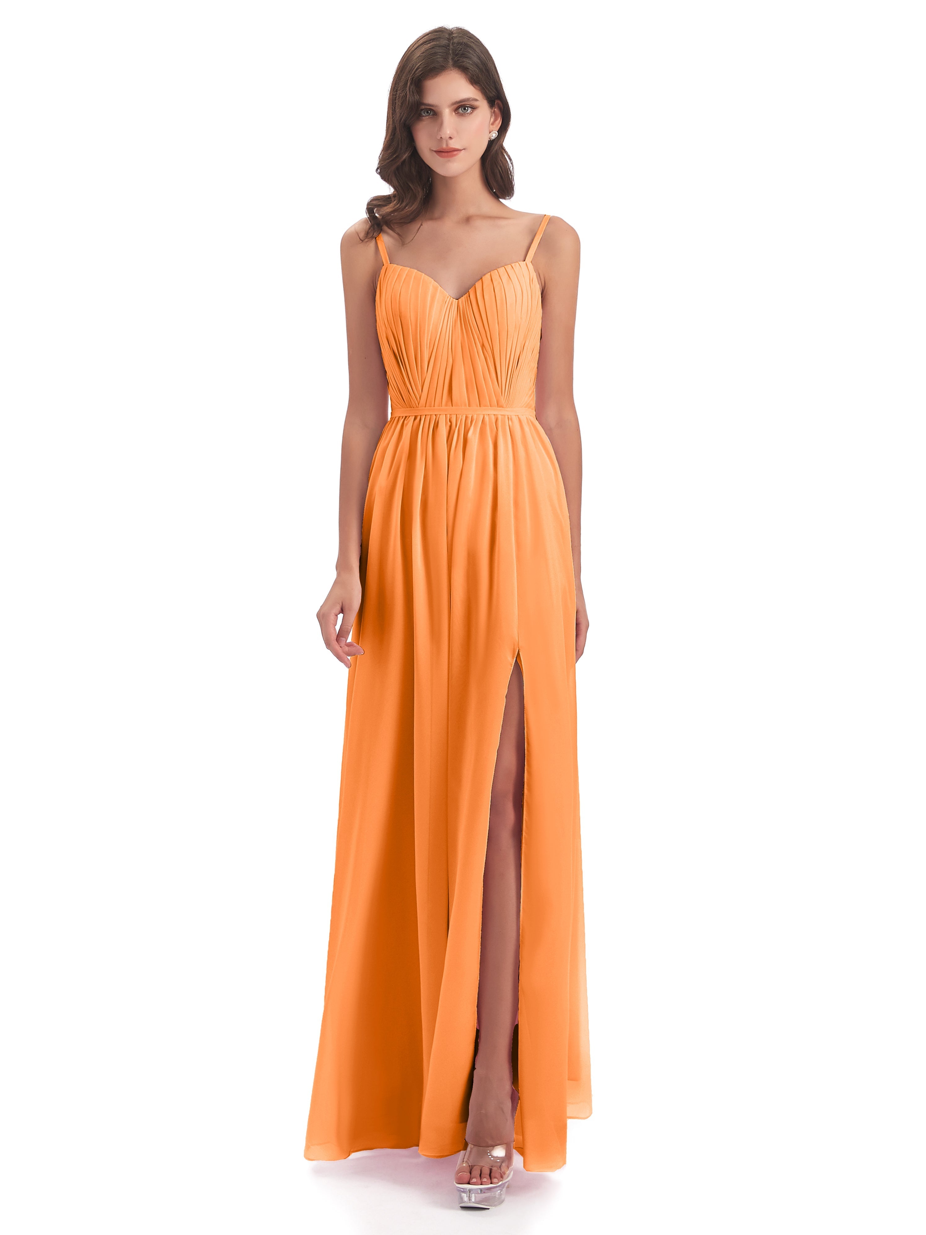 Robe Demoiselle Dhonneur Orange Bretelles Spaghetti Fendue Devant Robes Demoiselle D'Honneur