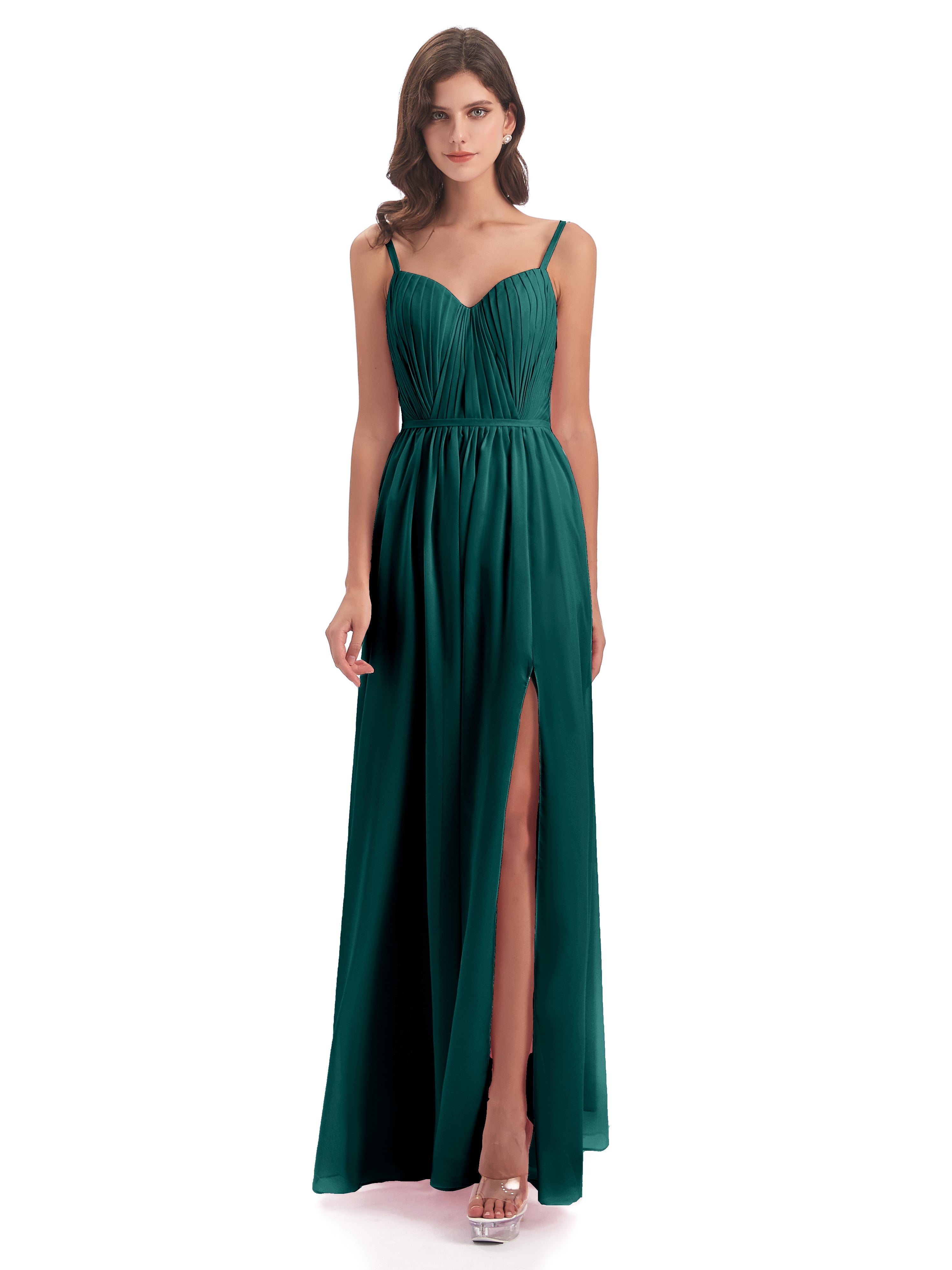 Robe Demoiselle D Honneur Bleu Paon Bretelles Spaghetti Fendue Devant Robes Demoiselle D'Honneur