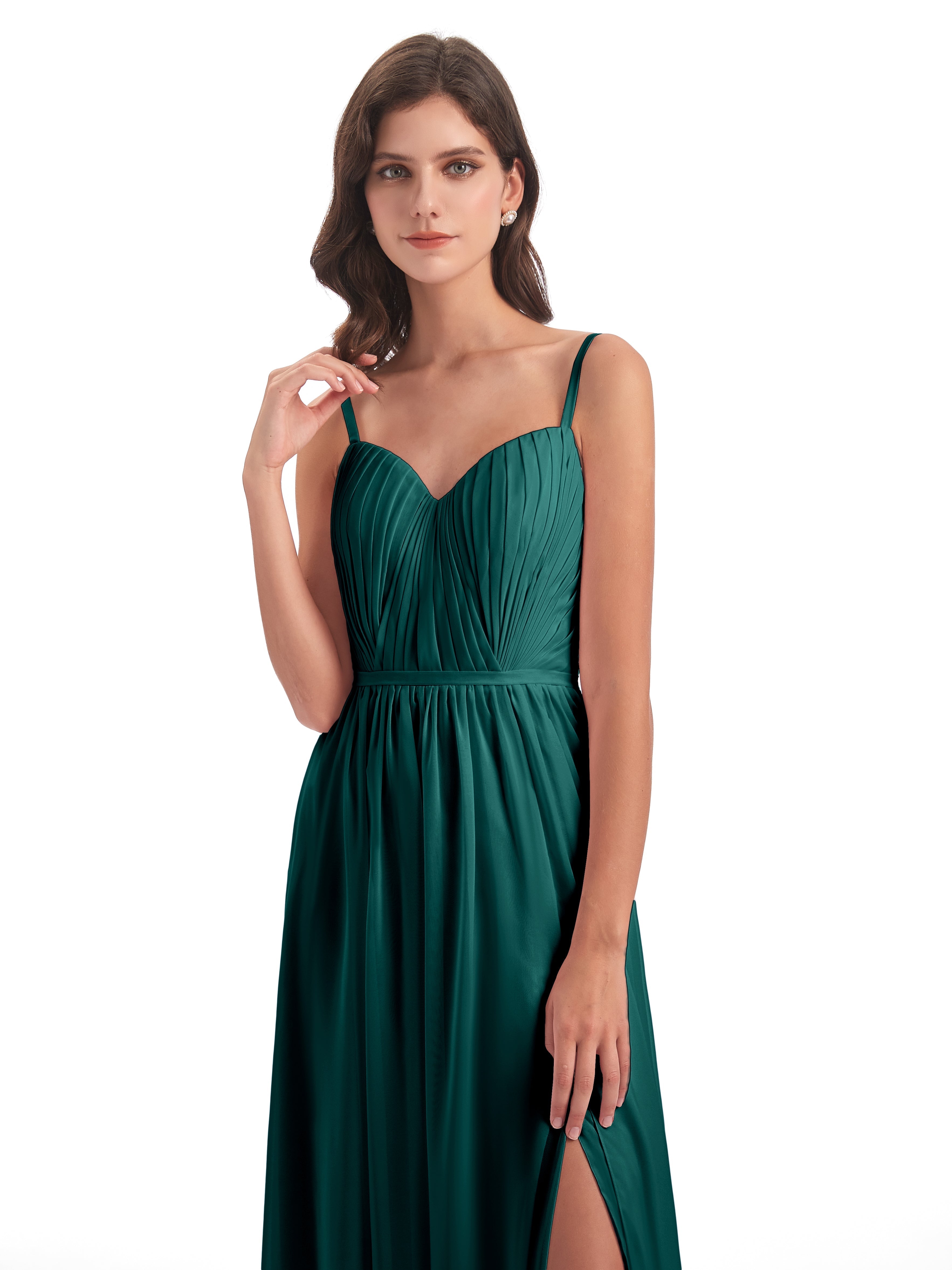 Robe Demoiselle D Honneur Bleu Paon Bretelles Spaghetti Fendue Devant Robes Demoiselle D'Honneur